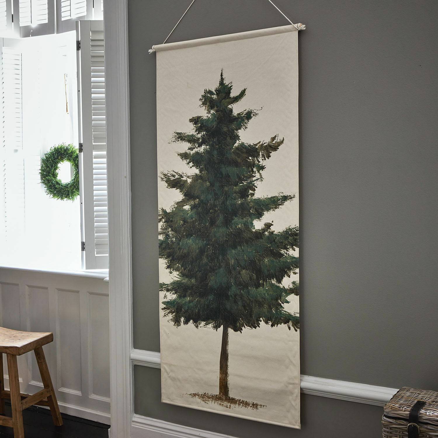Cuadro Pierrine Lienzo decorativo con árbol de pino verde sobre fondo beige para decoración interior