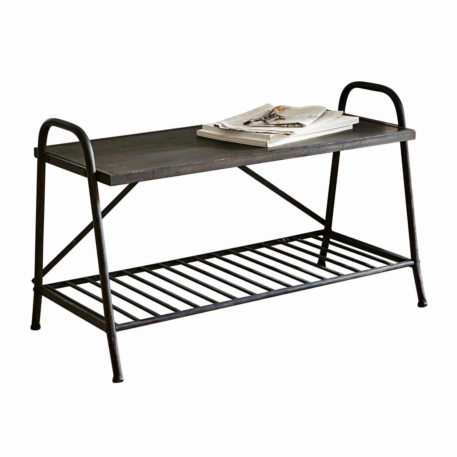 Banco Lapalisse Banco negro de metal con estante inferior y tablero de madera, ideal para pasillo y almacenamiento
