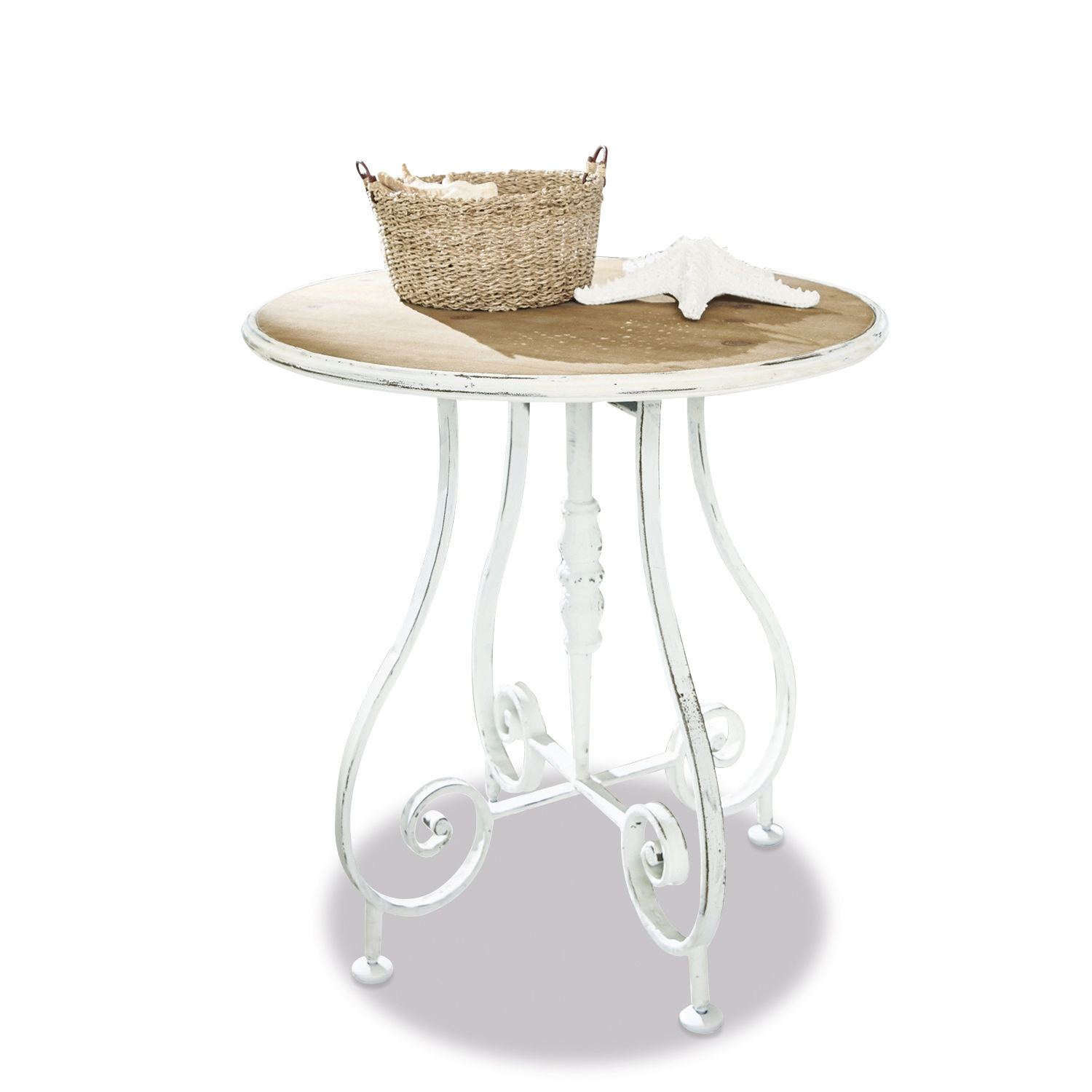 Mesa auxiliar Pordic Mesa redonda con patas de metal blancas y tablero de madera, decorada con cesta y estrella de mar
