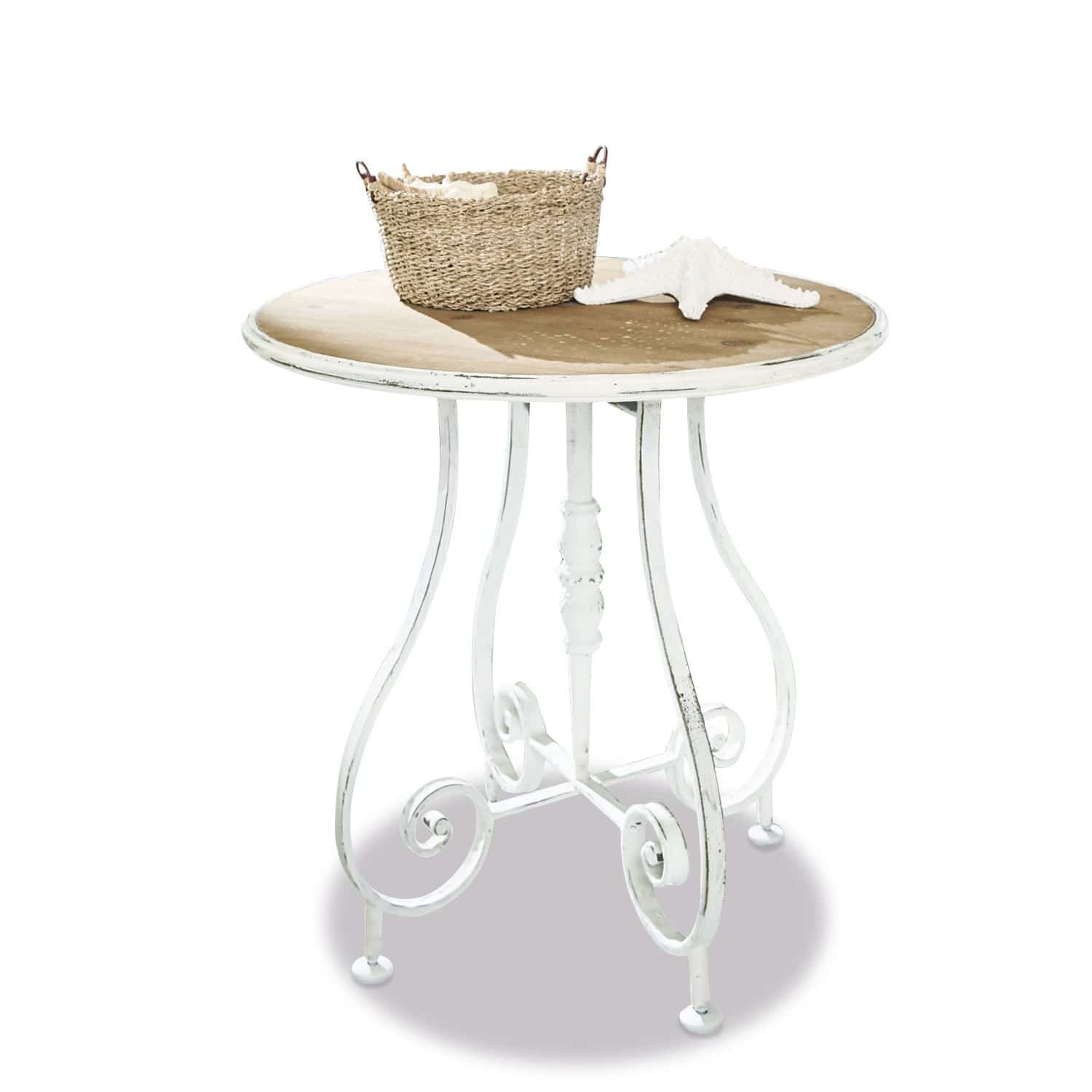 Mesa auxiliar Pordic Mesa redonda con patas de metal blancas y tablero de madera, decorada con cesta y estrella de mar