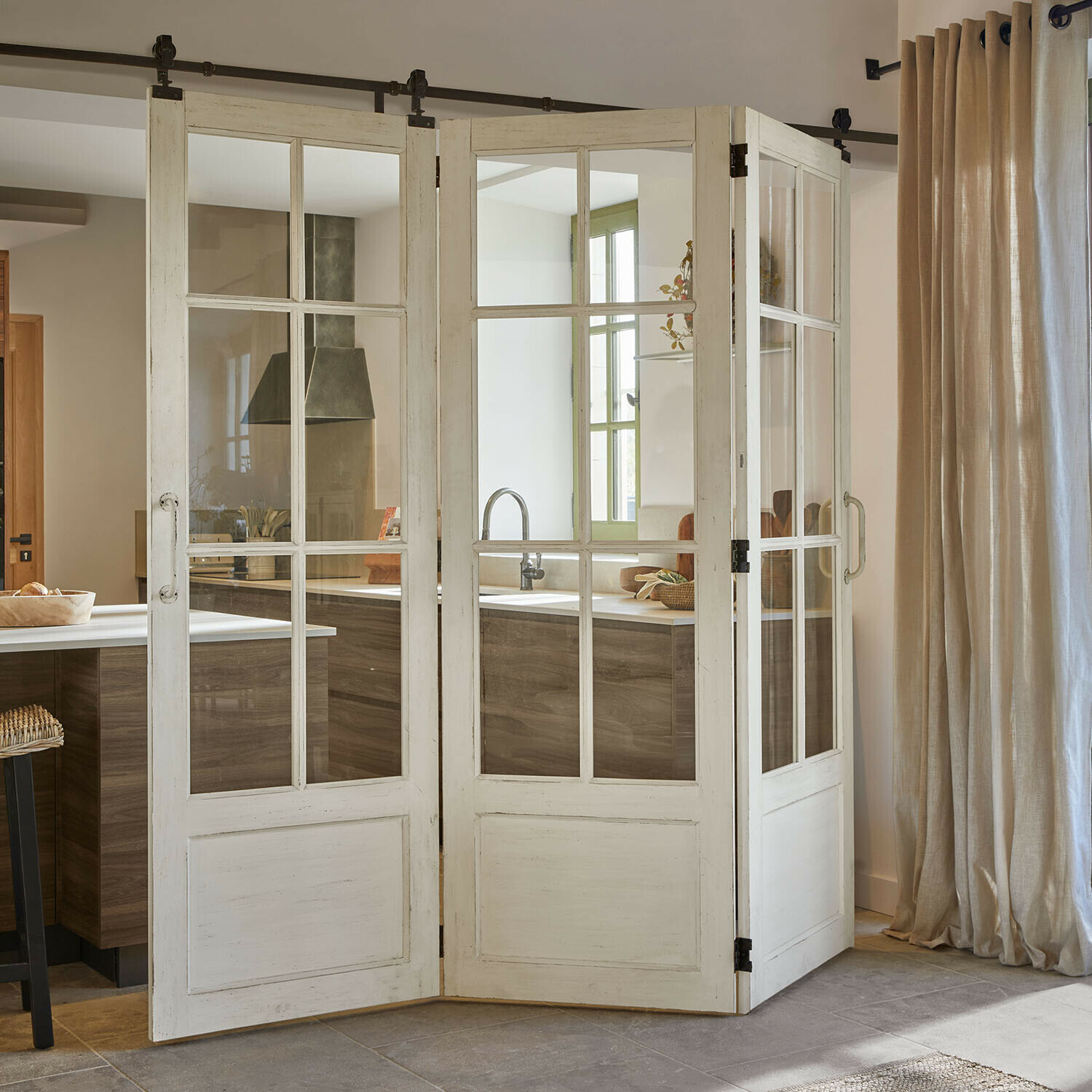 Puerta corredera plegable Salivonne Biombo de madera blanca con cristales estilo vintage para separar la cocina, decorativo y funcional