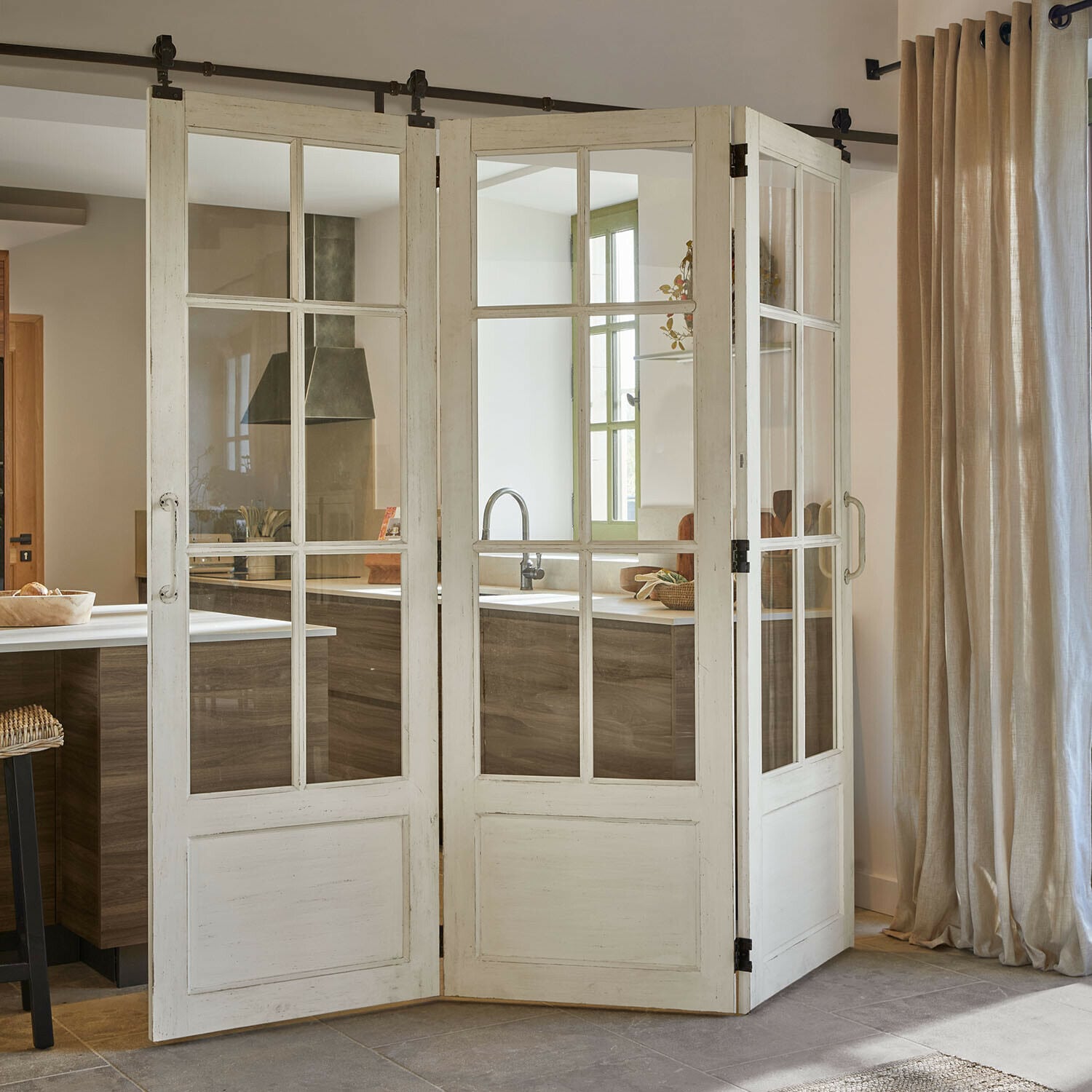 Puerta corredera plegable Salivonne Biombo de madera blanca con cristales estilo vintage para separar la cocina, decorativo y funcional