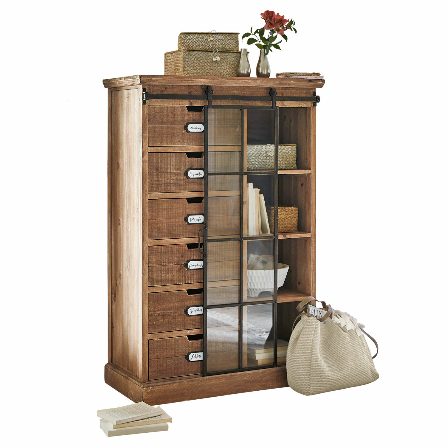 Cómoda Finegand Cómoda de madera natural con cajones y puerta de cristal, mueble de almacenamiento funcional