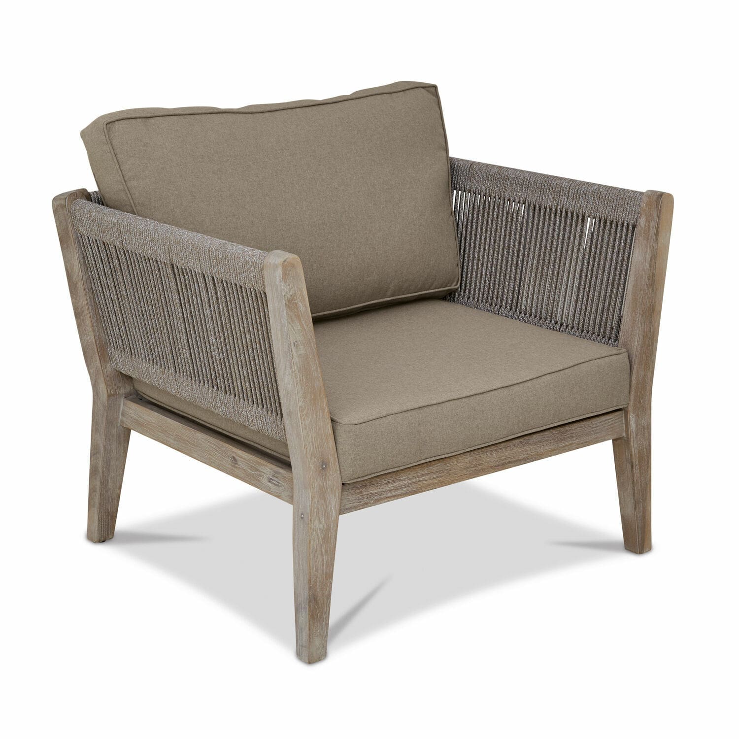 Sillón FSC® 100% Biarritz Sillón de madera y tela beige con laterales trenzados, mueble cómodo para sala de estar