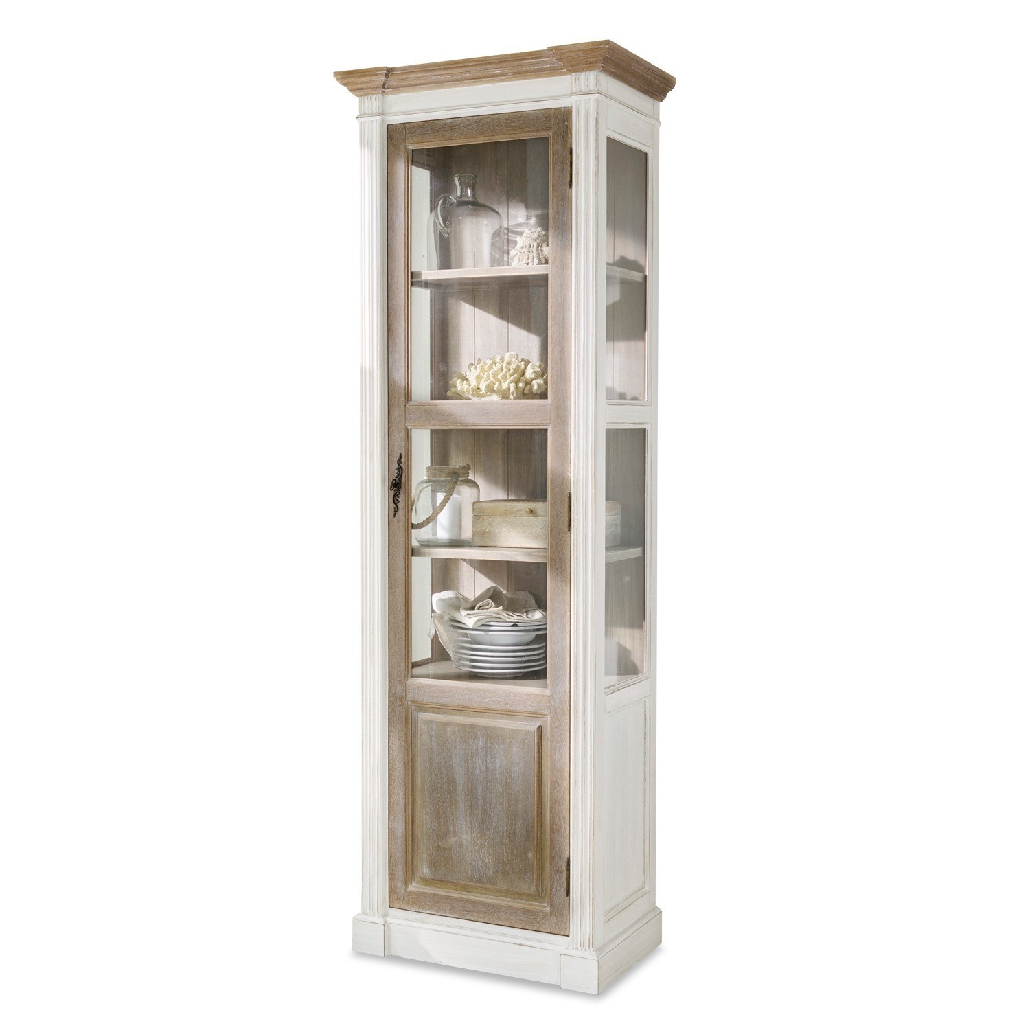 Armario Coverton Vitrina de madera blanca y natural con puerta de cristal para almacenar decoración y vajilla