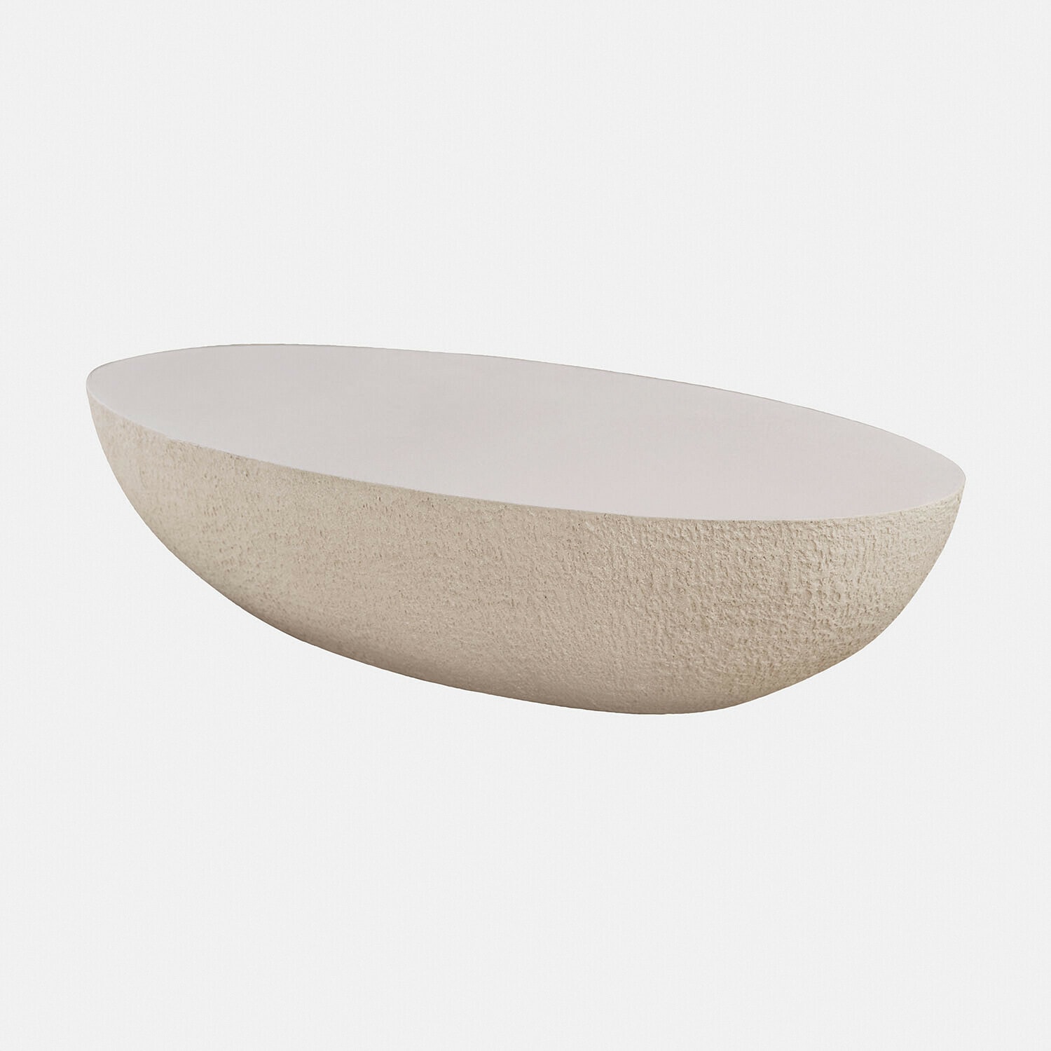 Mesa de centro Maraveda Cuenco ovalado de piedra clara con textura rugosa, elemento decorativo para interiores
