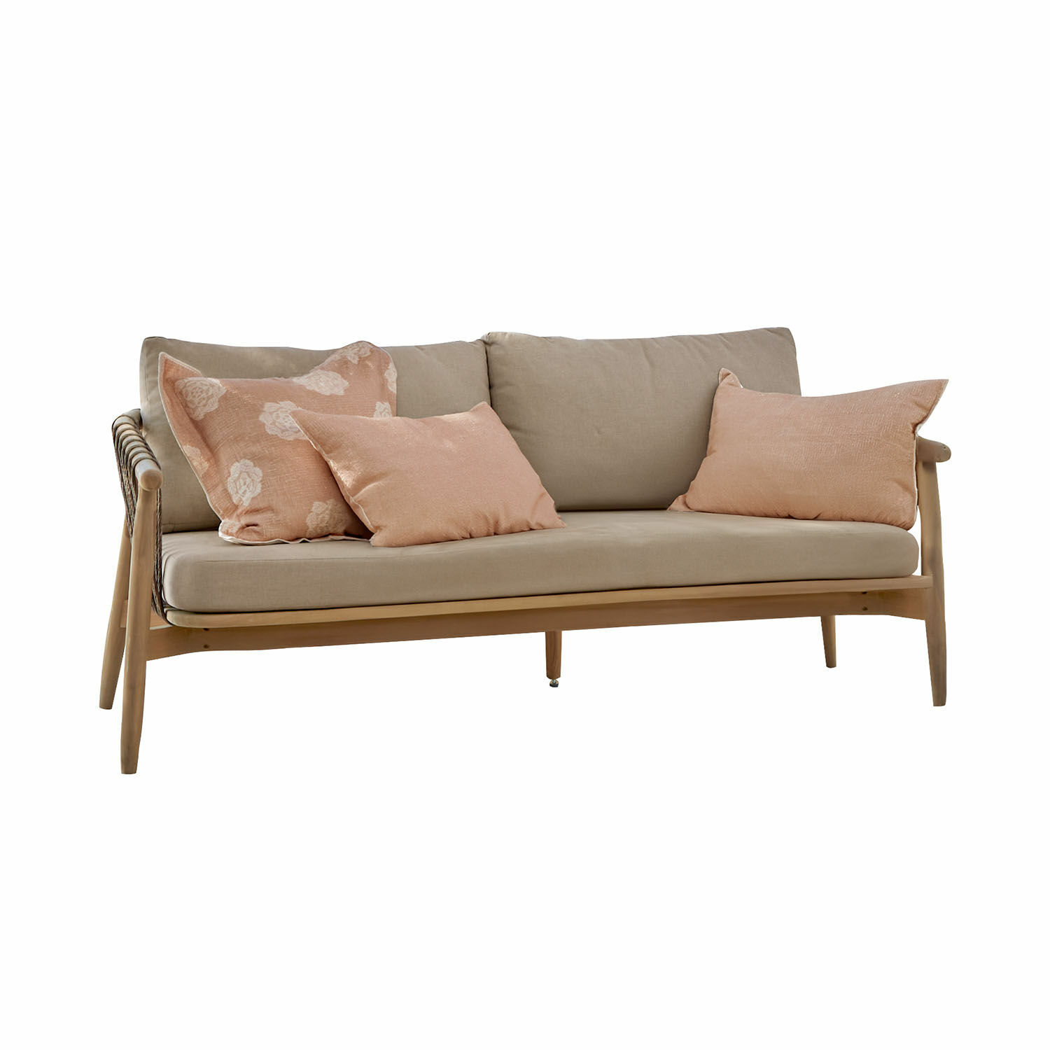 Sofá FSC®-100% Thornwick Sofá de madera clara con cojines beige y cojines decorativos rosas para sala acogedora
