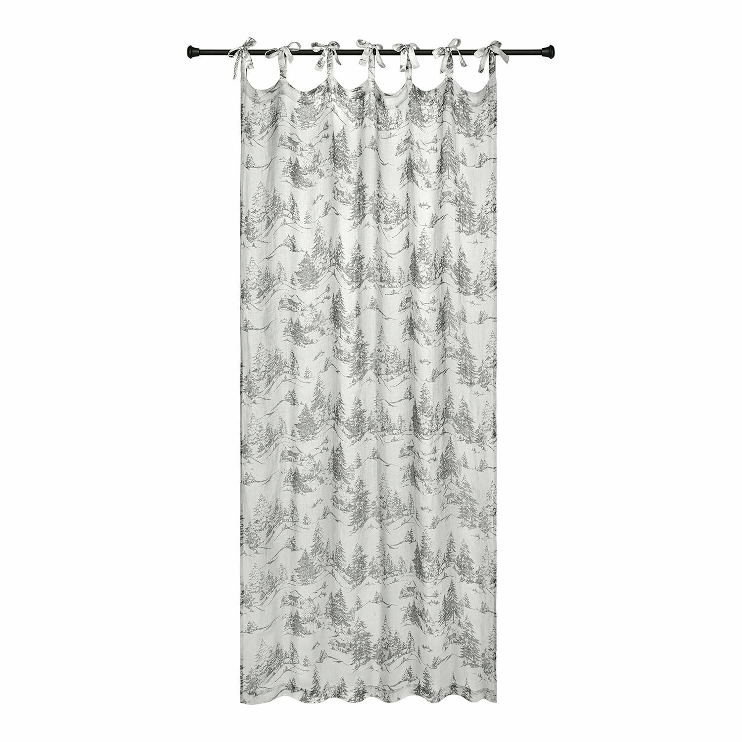 Cortina Héroux Cortina blanca de algodón con estampado gris de árboles y montañas, tela decorativa