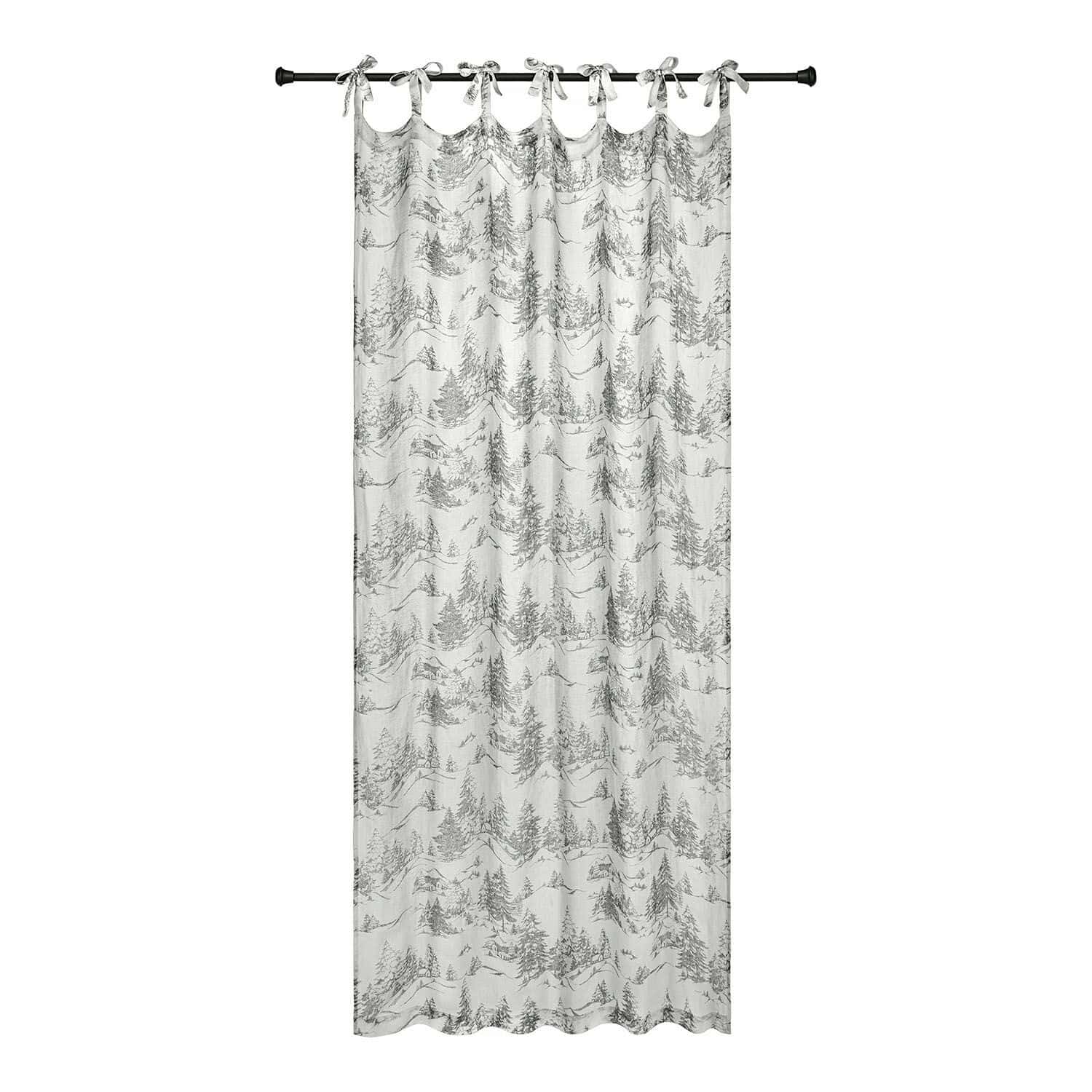 Cortina Héroux Cortina blanca de algodón con estampado gris de árboles y montañas, tela decorativa