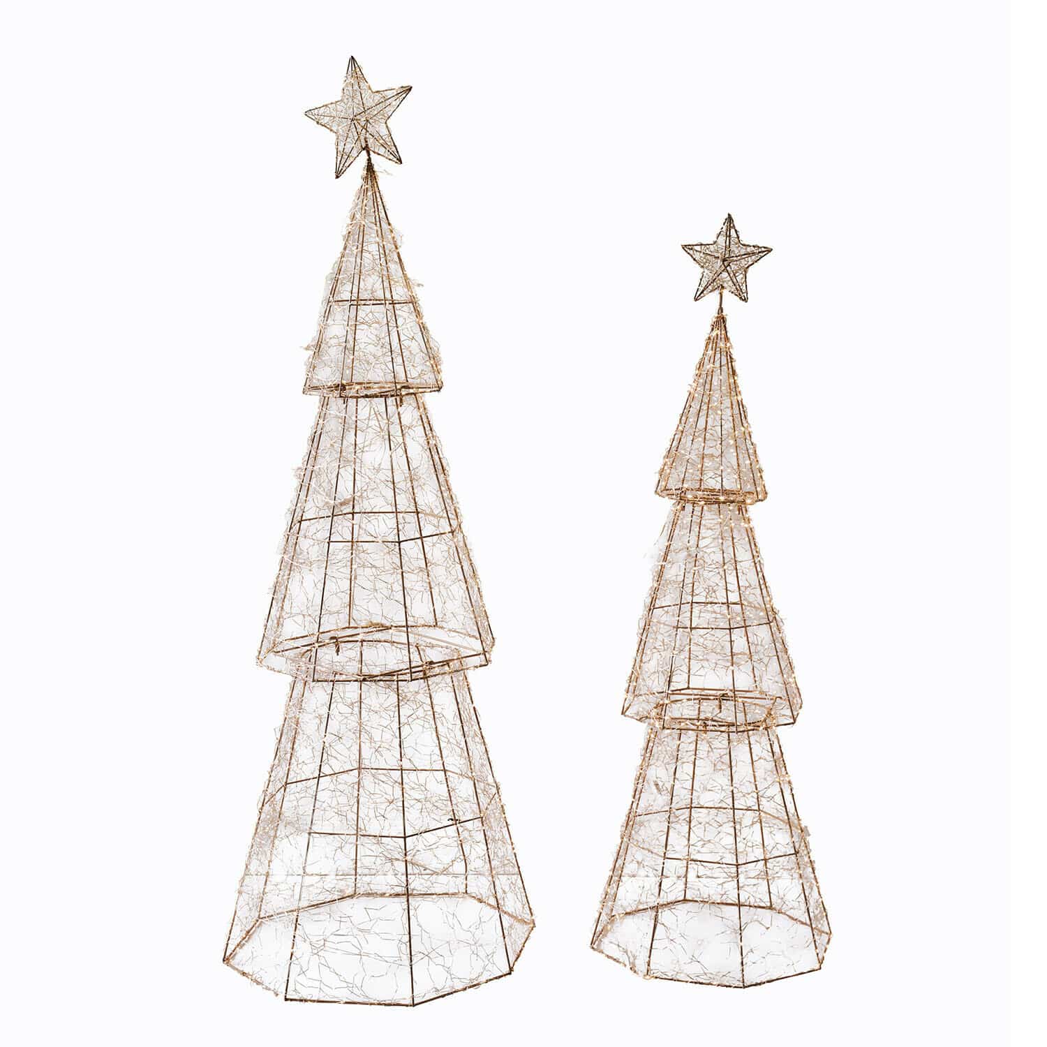 Set de 3 árboles LED Chantorin Árboles navideños de alambre dorado con estrellas y luces LED para decoración festiva