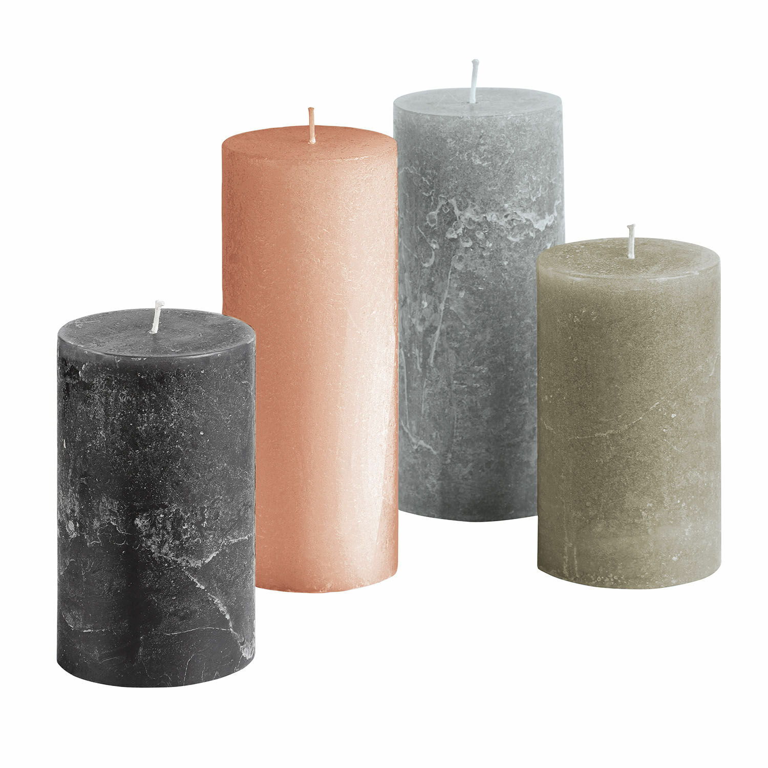 Set de 4 velas Berekua en verde, gris, negro y beige para decoración de interiores