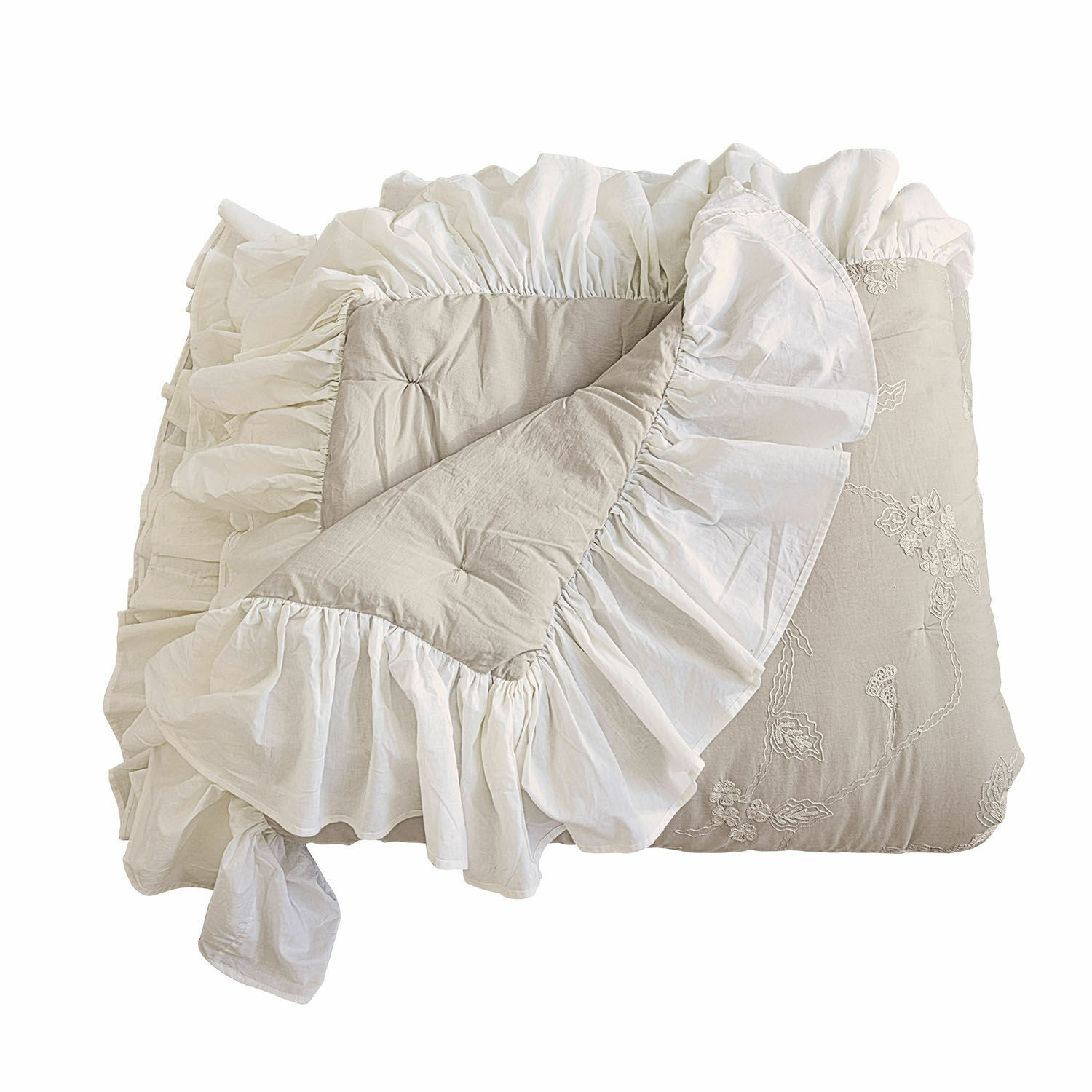 Colcha Clarissa Colcha beige de algodón con volante blanco y bordado, ropa de cama decorativa