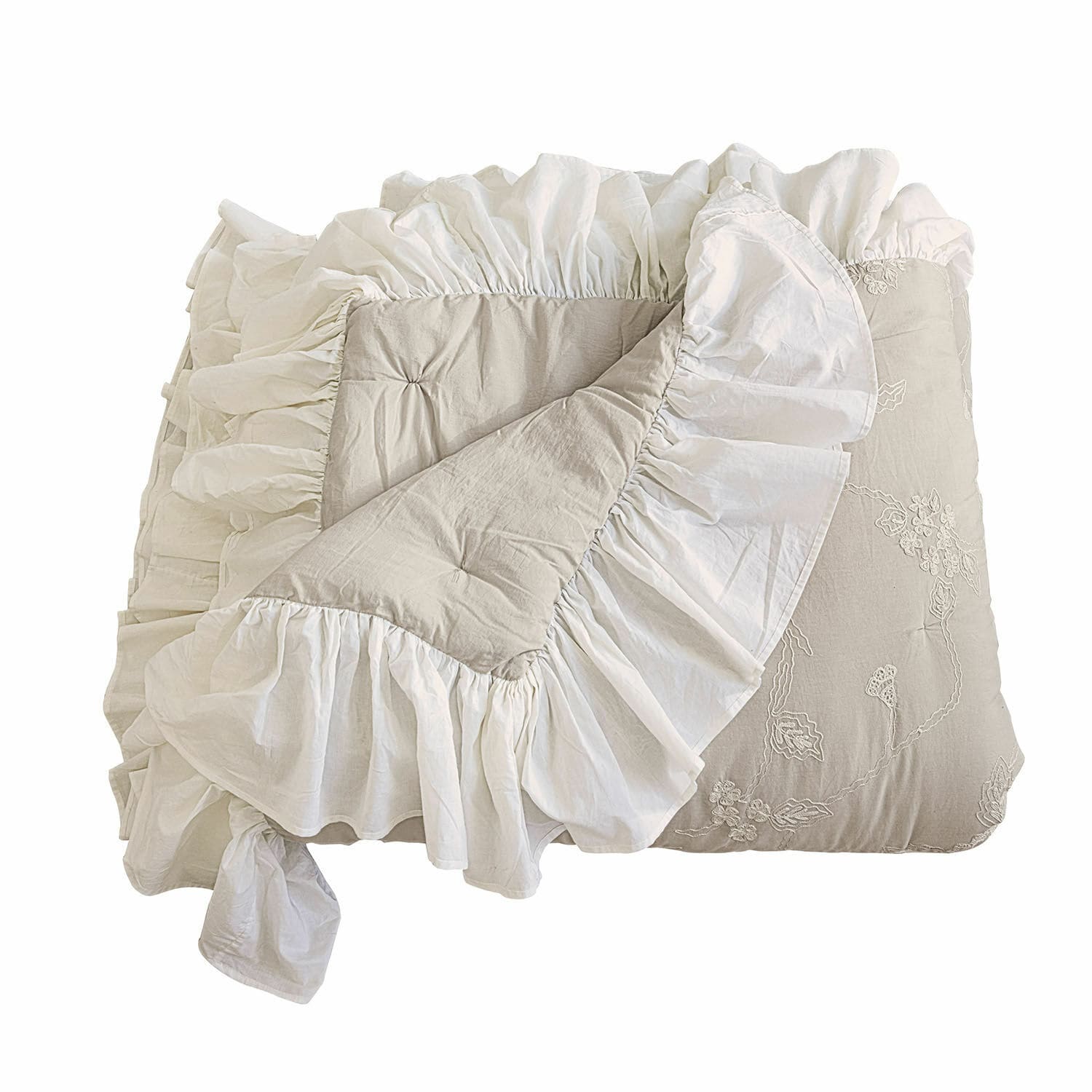 Colcha Clarissa Colcha beige de algodón con volante blanco y bordado, ropa de cama decorativa