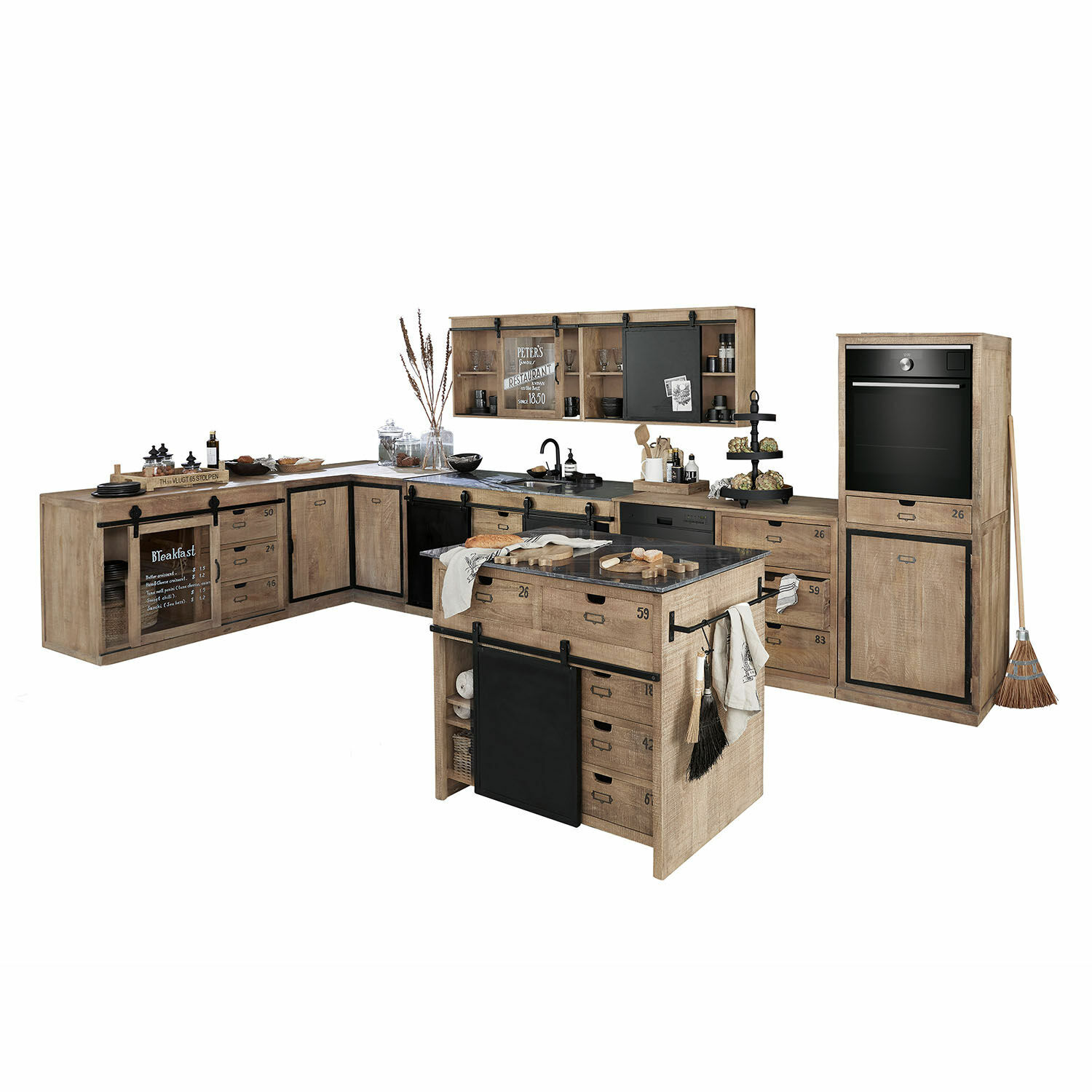 Juego de 5 jarrones Oakland Cocina en esquina de madera natural con detalles negros y una isla de trabajo