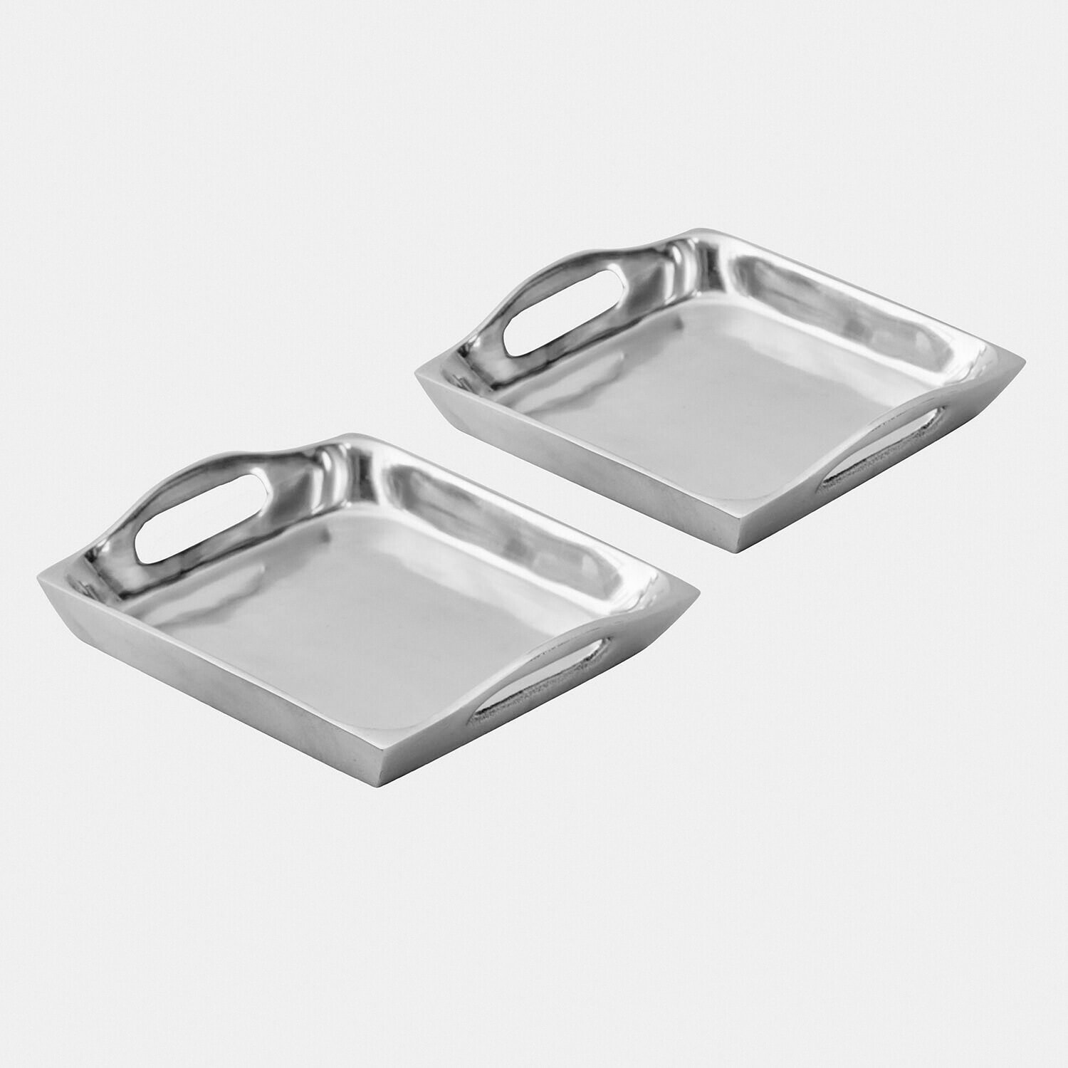Set de 2 bandejas Grélomiane Conjunto de dos bandejas metálicas plateadas con asas, diseño moderno para servir bebidas
