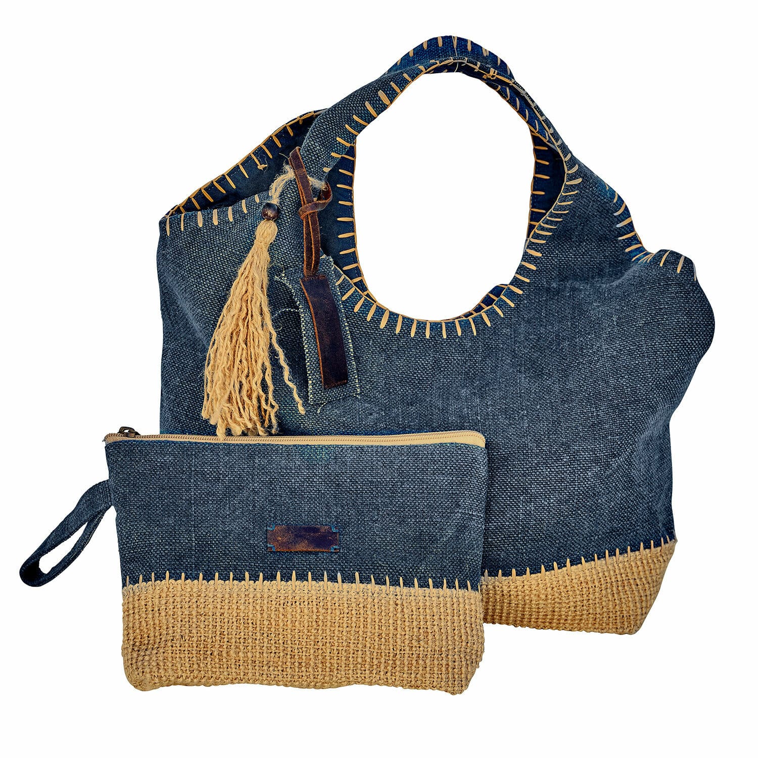 Set de 2 bolsos Cacula Bolso y neceser azul marino de tela y paja con borla decorativa, accesorios de estilo bohemio