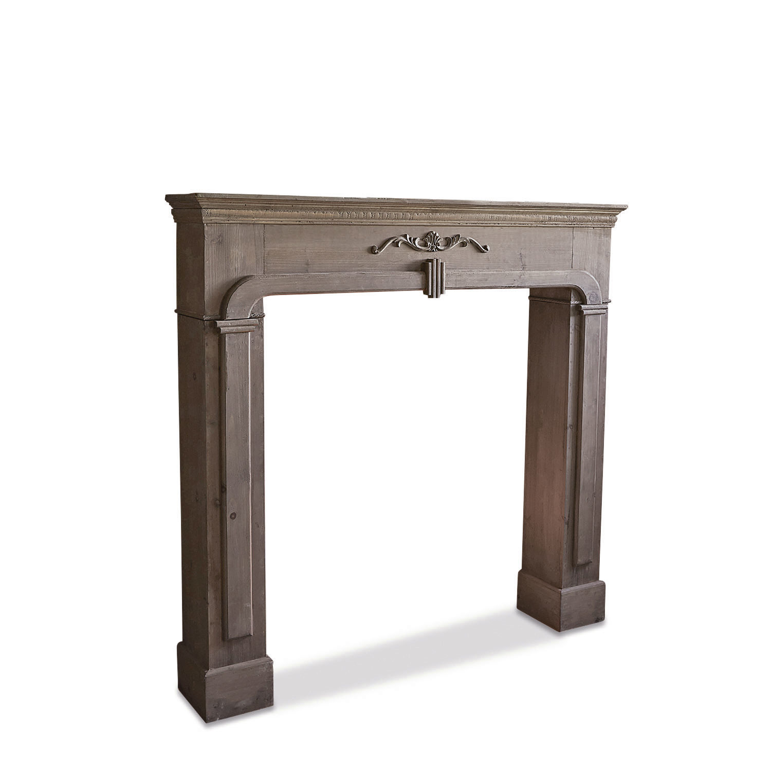 Consola de chimenea Vaine Marco de chimenea clásico de madera gris con detalle decorativo, estilo vintage