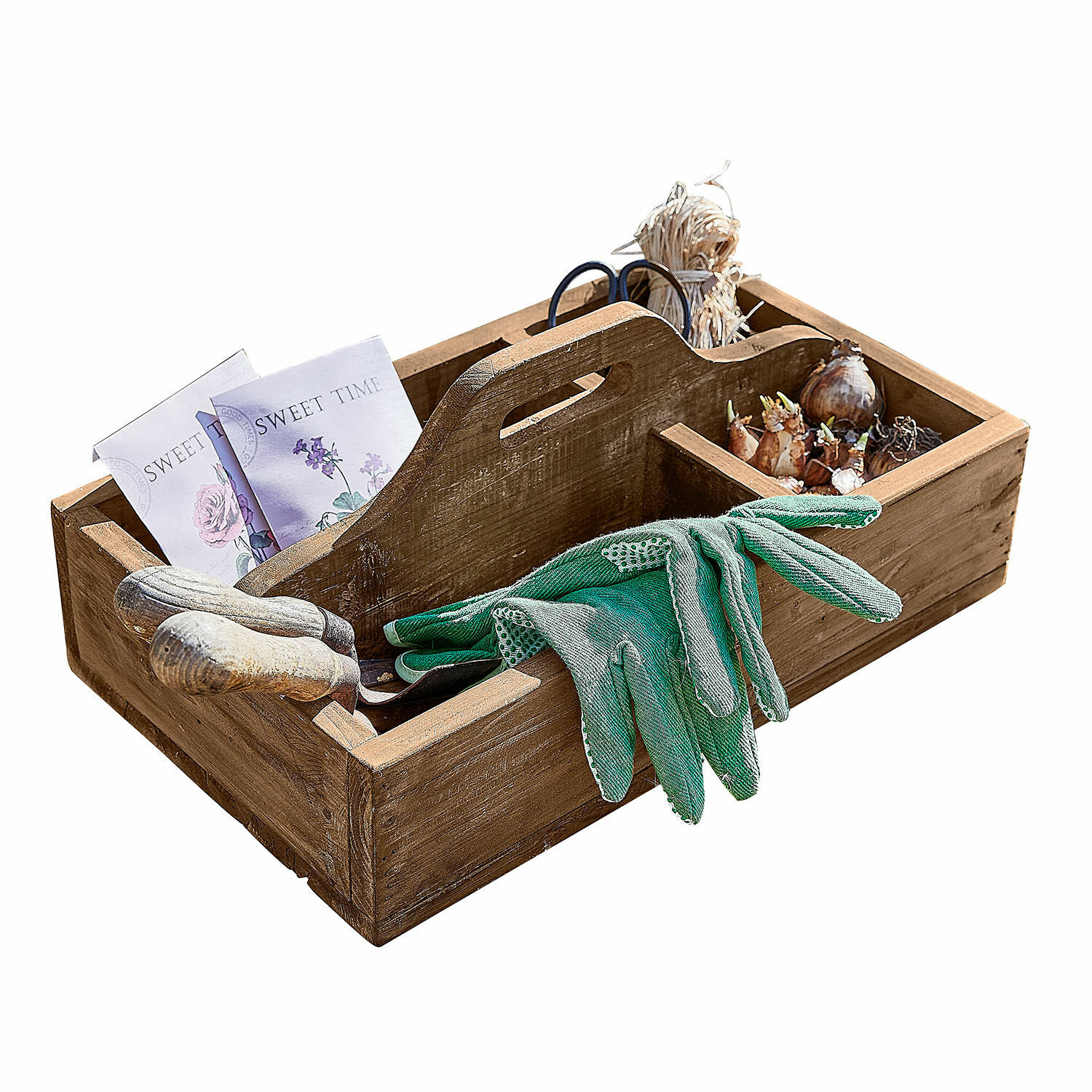 Organizador Jixel Caja de jardinería de madera con guantes verdes, herramientas y bulbos de flores para plantar