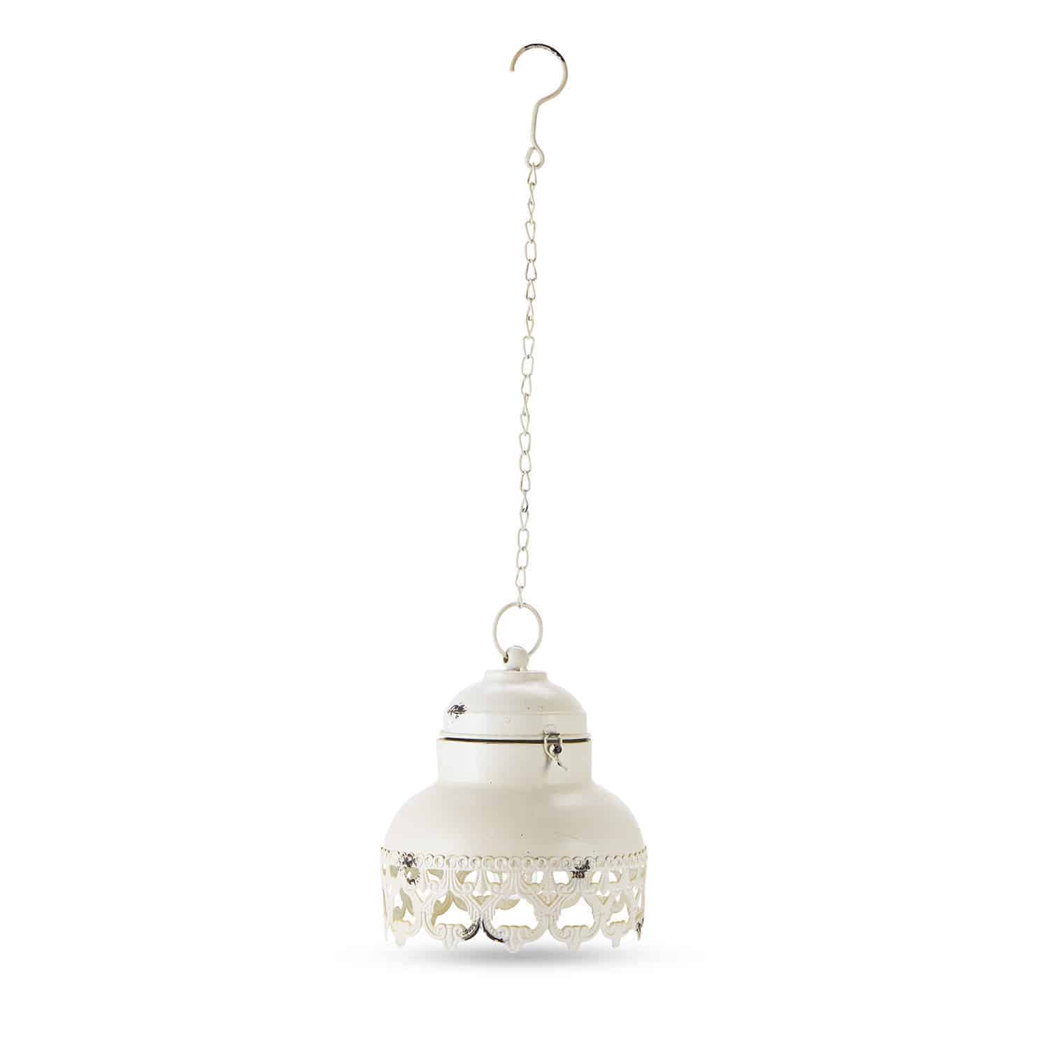 Linterna LED Cornell de metal blanco antiguo con diseño calado decorativo y cadena para colgar