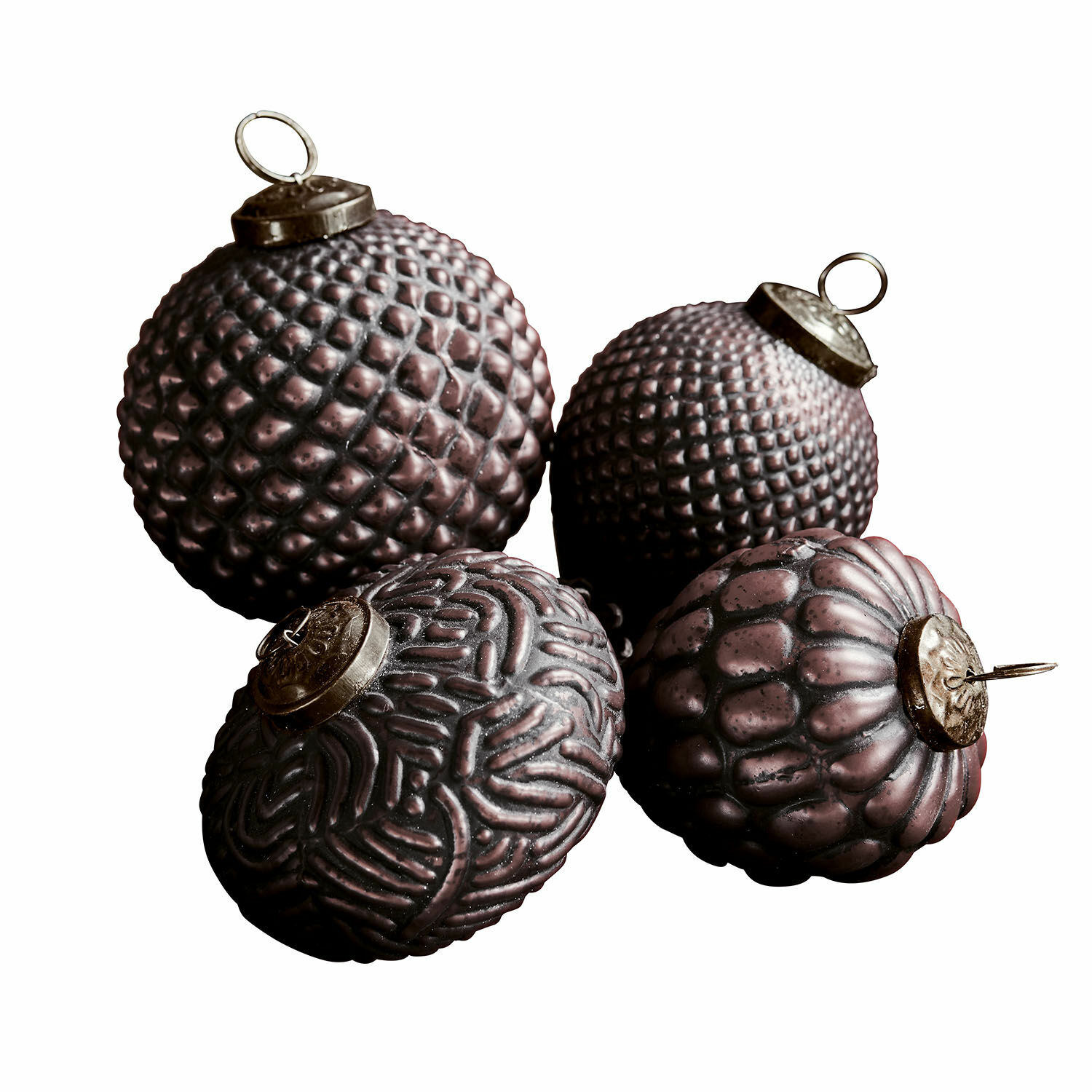Set de 4 adornos navideños morados con textura, decoraciones para árbol de metal y vidrio