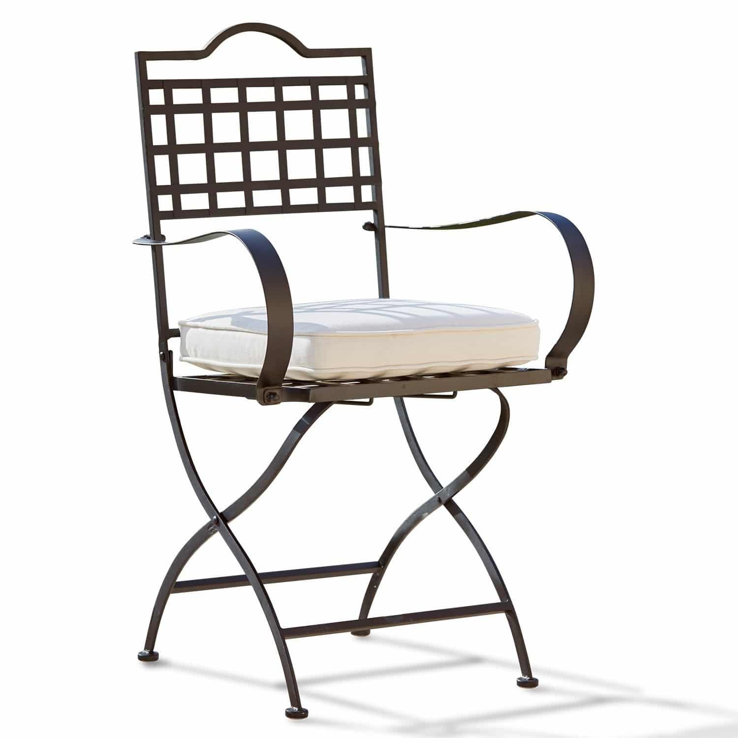 Silla Tharot Silla de jardín de metal marrón con cojín blanco, ideal para muebles de exterior