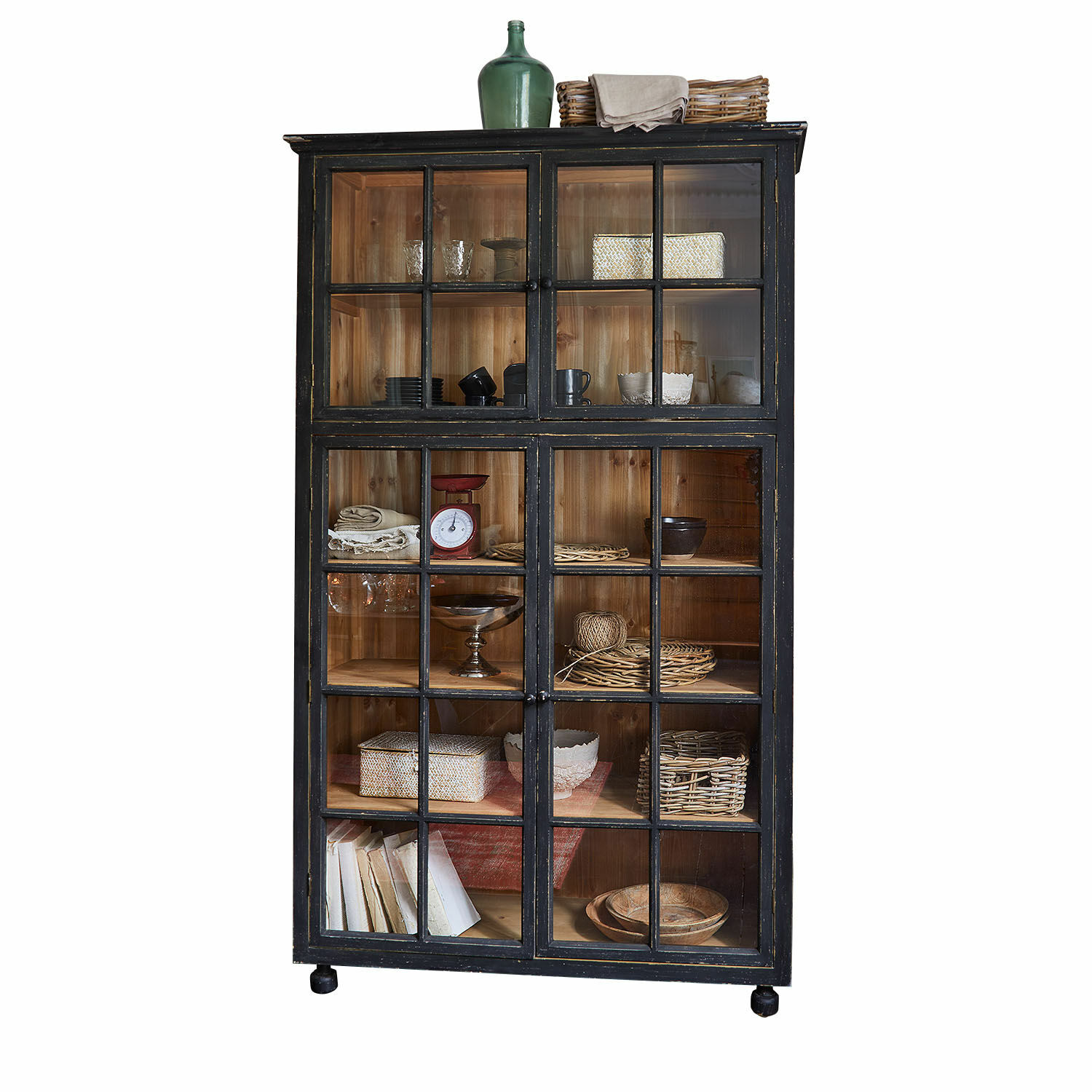 Armario Bellac Vitrina de madera negra con puertas de cristal e interior natural, mueble de almacenamiento