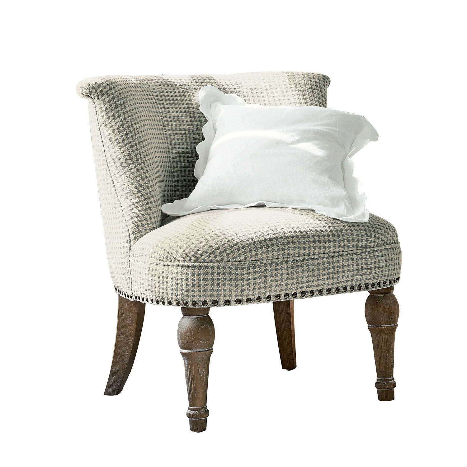 crema/marrón Sillón Francet con tela a cuadros crema y marrón, patas de madera y cojín blanco