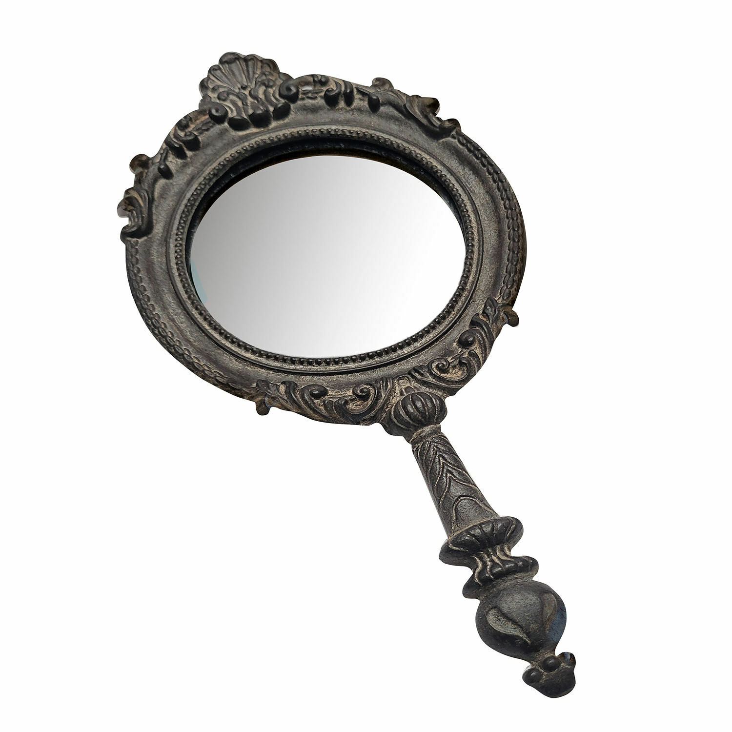 Espejo de mano gris antiguo con marco metálico decorativo para maquillaje y decoración