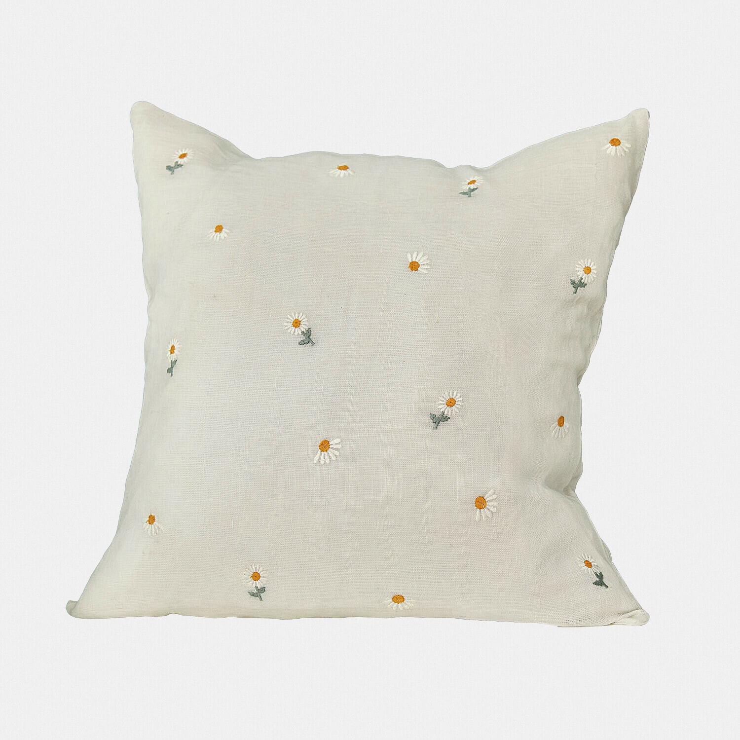 Funda de cojín Poppeline Cojín beige de lino con bordados de margaritas blancas y amarillas, decoración para salón