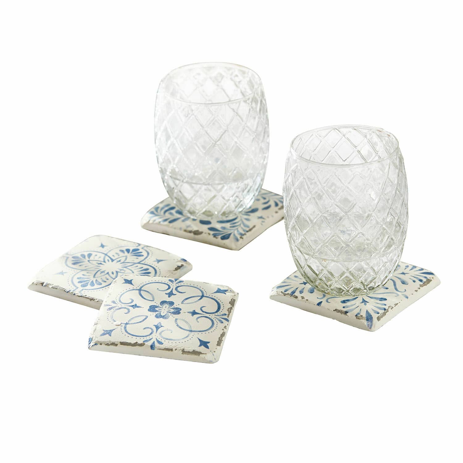 Set de 4 posavasos Évry Juego de posavasos de cerámica blanca y azul con diseño decorativo, ideal para el hogar