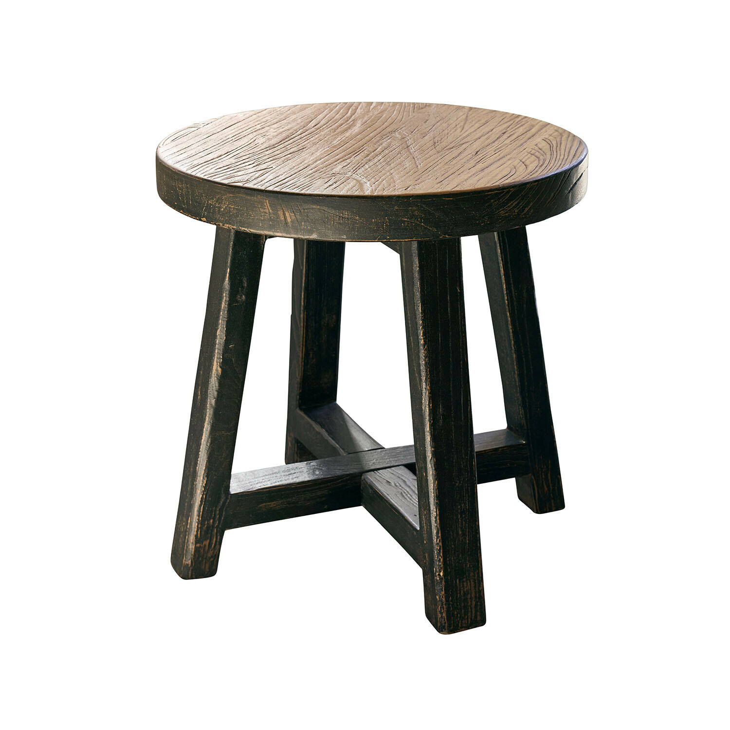 negro/marrón Mesa auxiliar redonda Gorivel de madera negra y marrón, mueble rústico para salón