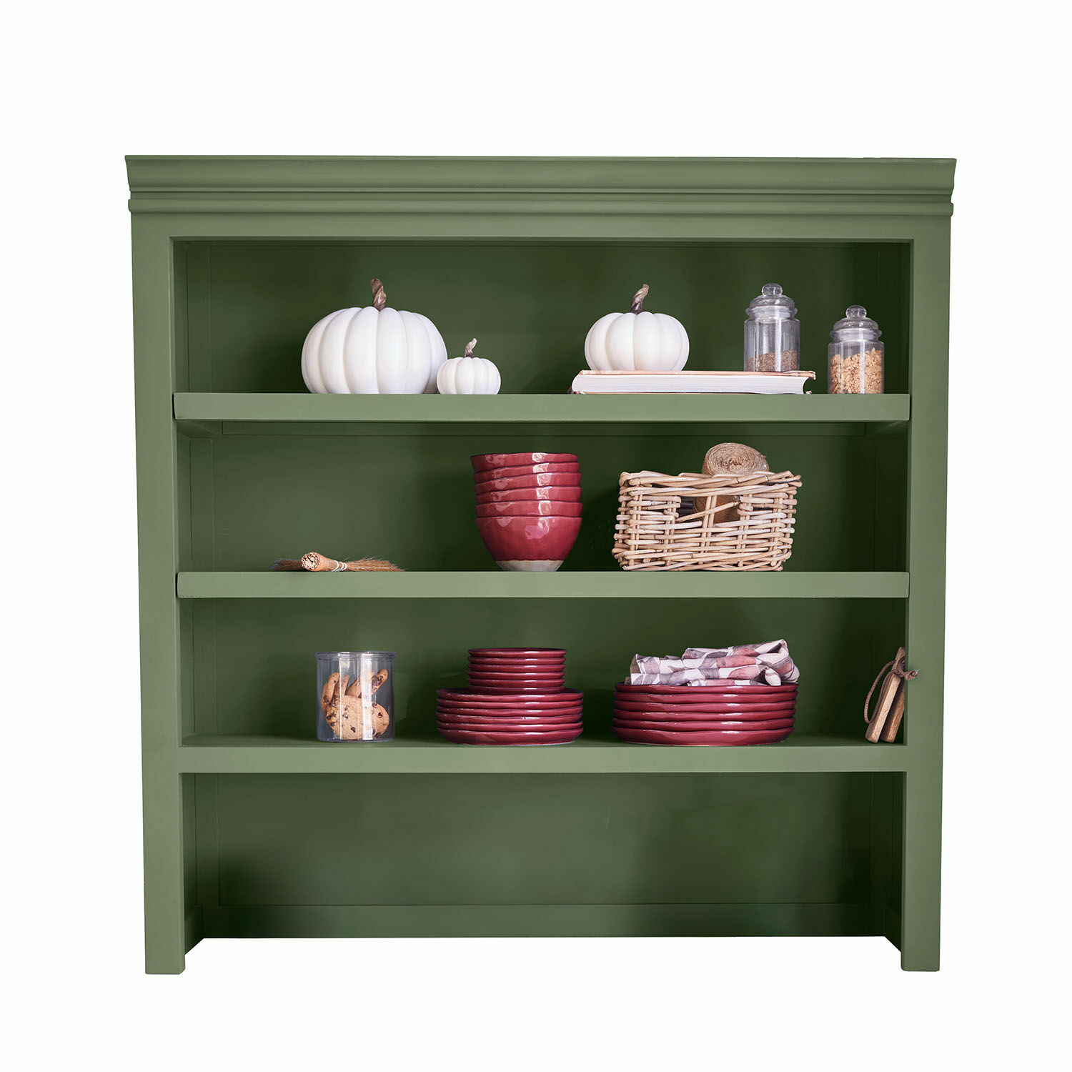 Estante superior de cocina Lansbury Estantería de madera verde con calabazas blancas decorativas y vajilla de cerámica roja