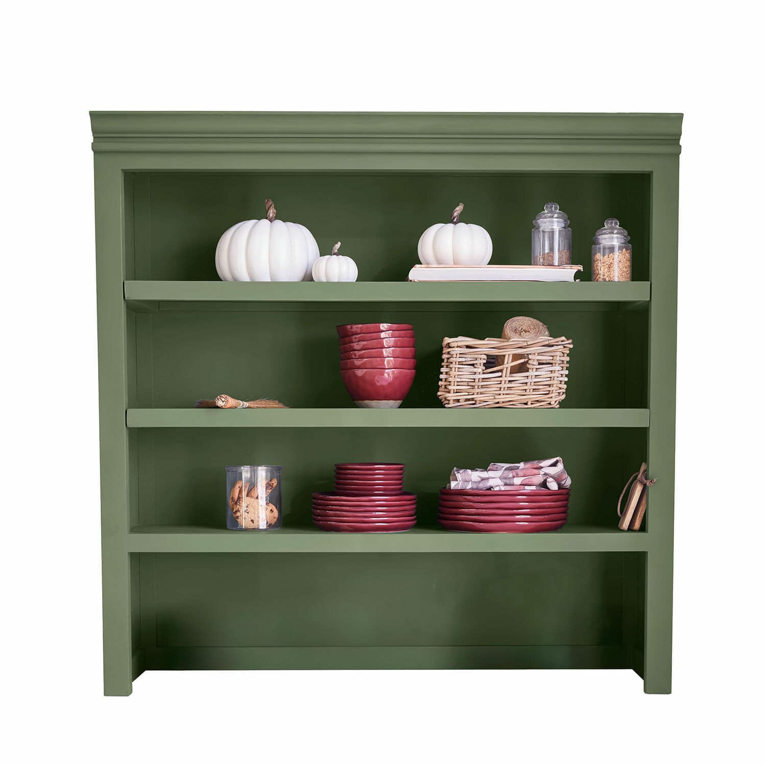 Estante superior de cocina Lansbury Estantería de madera verde con calabazas blancas decorativas y vajilla de cerámica roja