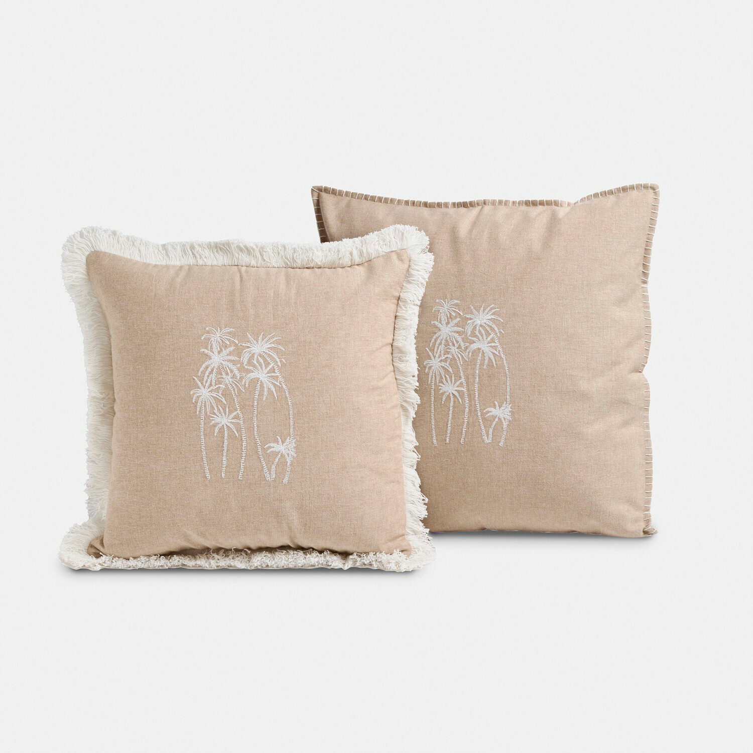 Set de 2 fundas de cojín Windlake Cojines decorativos beige con bordado blanco de palmeras y flecos, tela suave para salón
