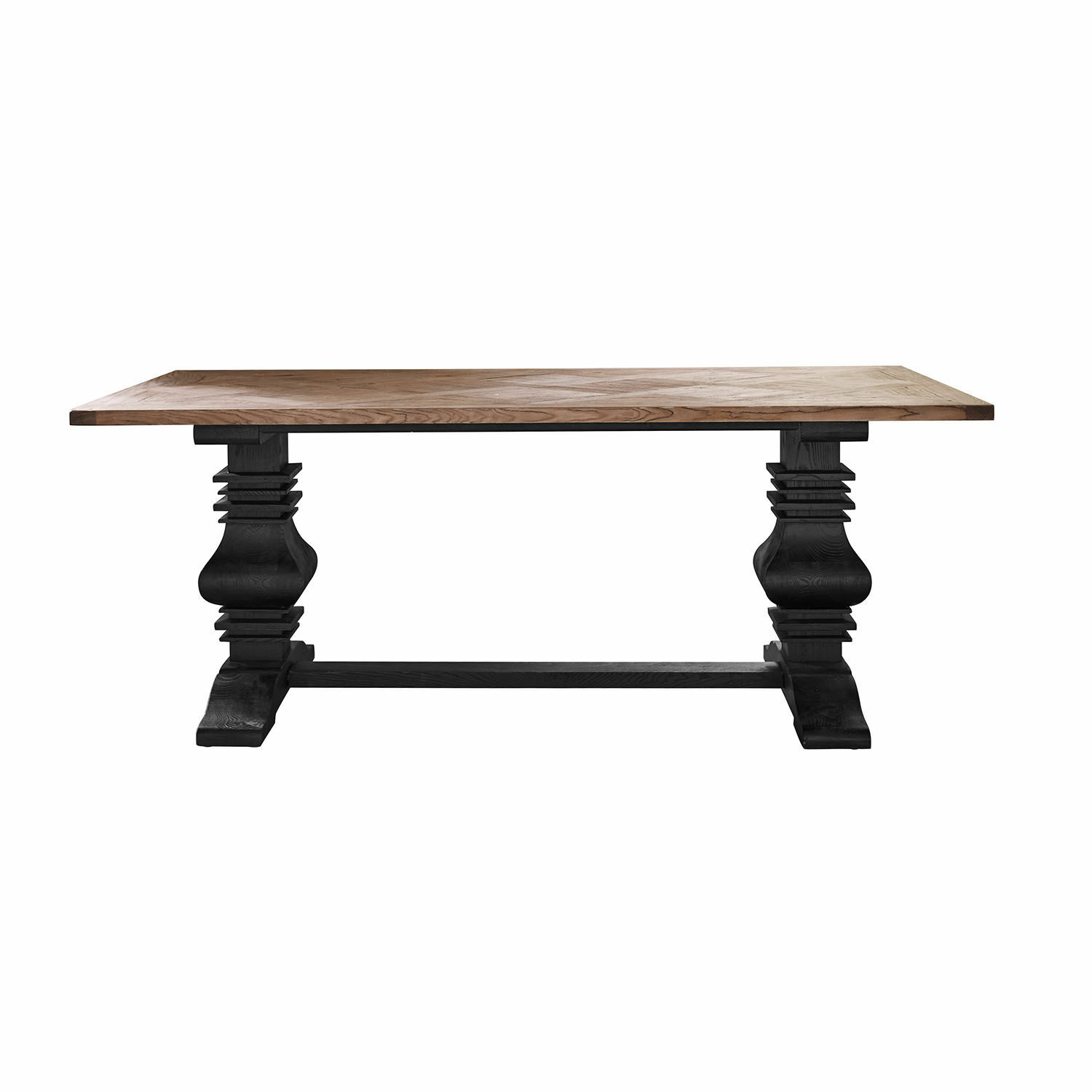 Mesa de madera maciza con tablero claro y patas negras talladas, mueble de comedor