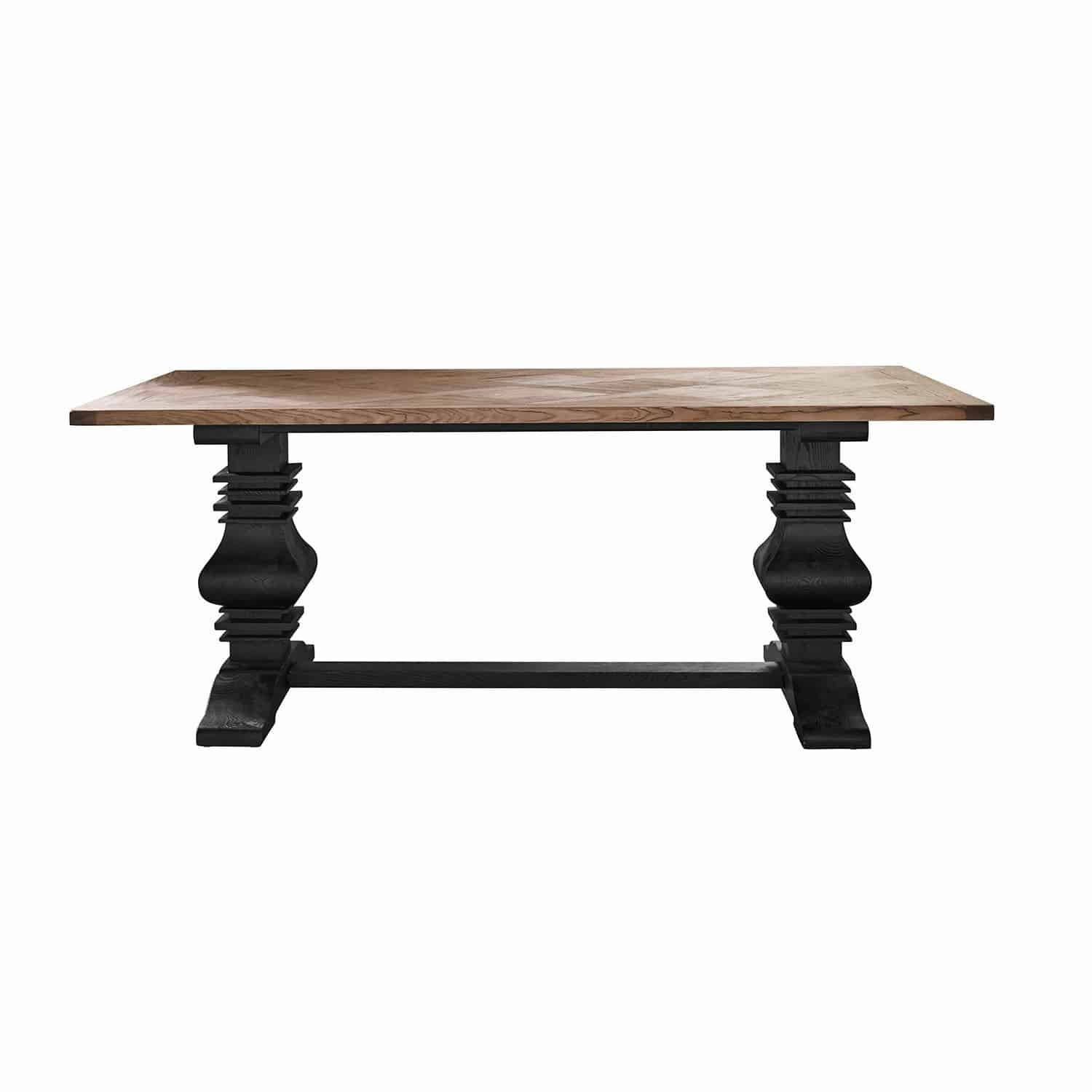 Mesa Quillancourt Mesa de madera maciza con tablero claro y patas negras talladas, mueble de comedor