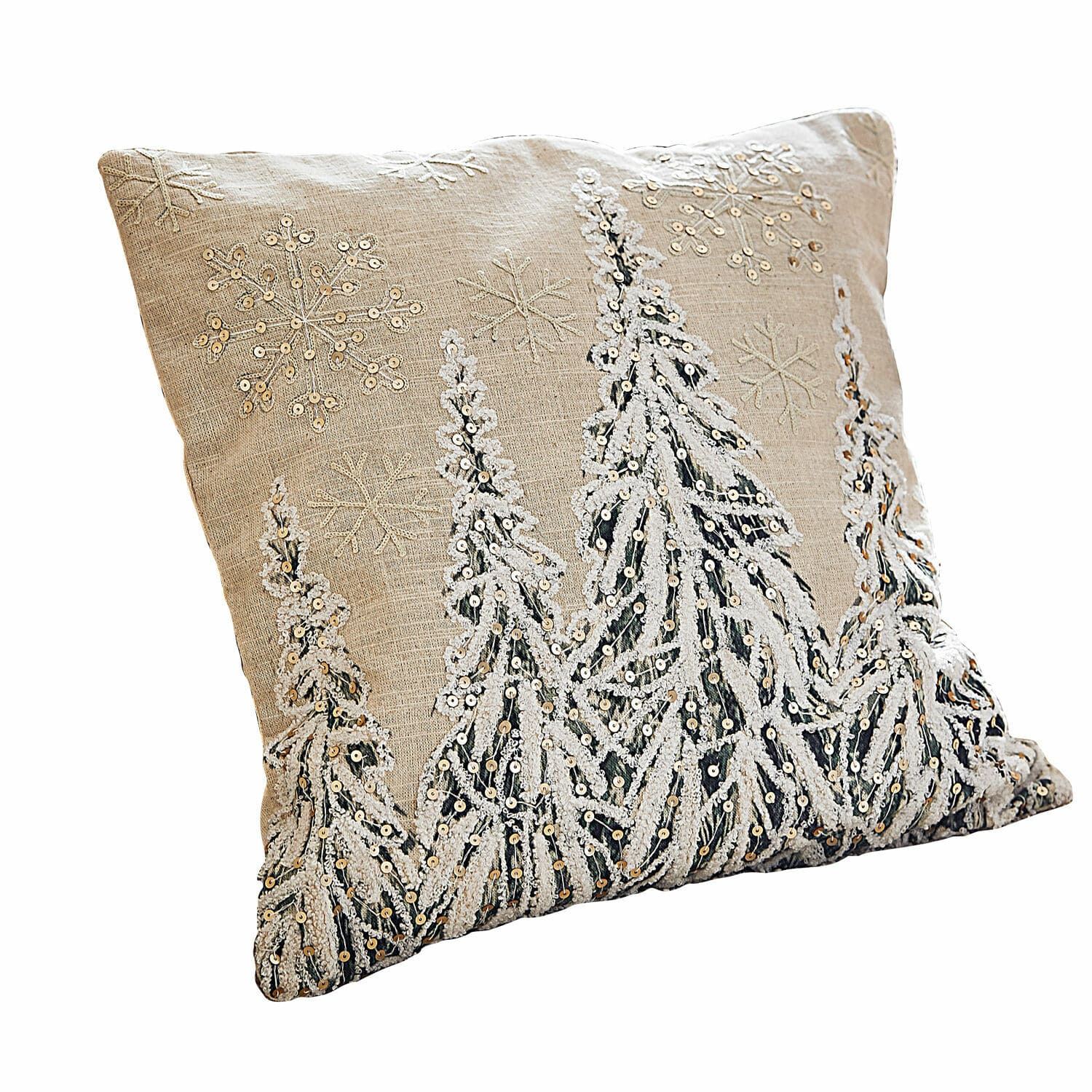Funda de cojín Cartagne Cojín beige de lino con bordados de copos de nieve y árboles de Navidad con lentejuelas, decoración invernal