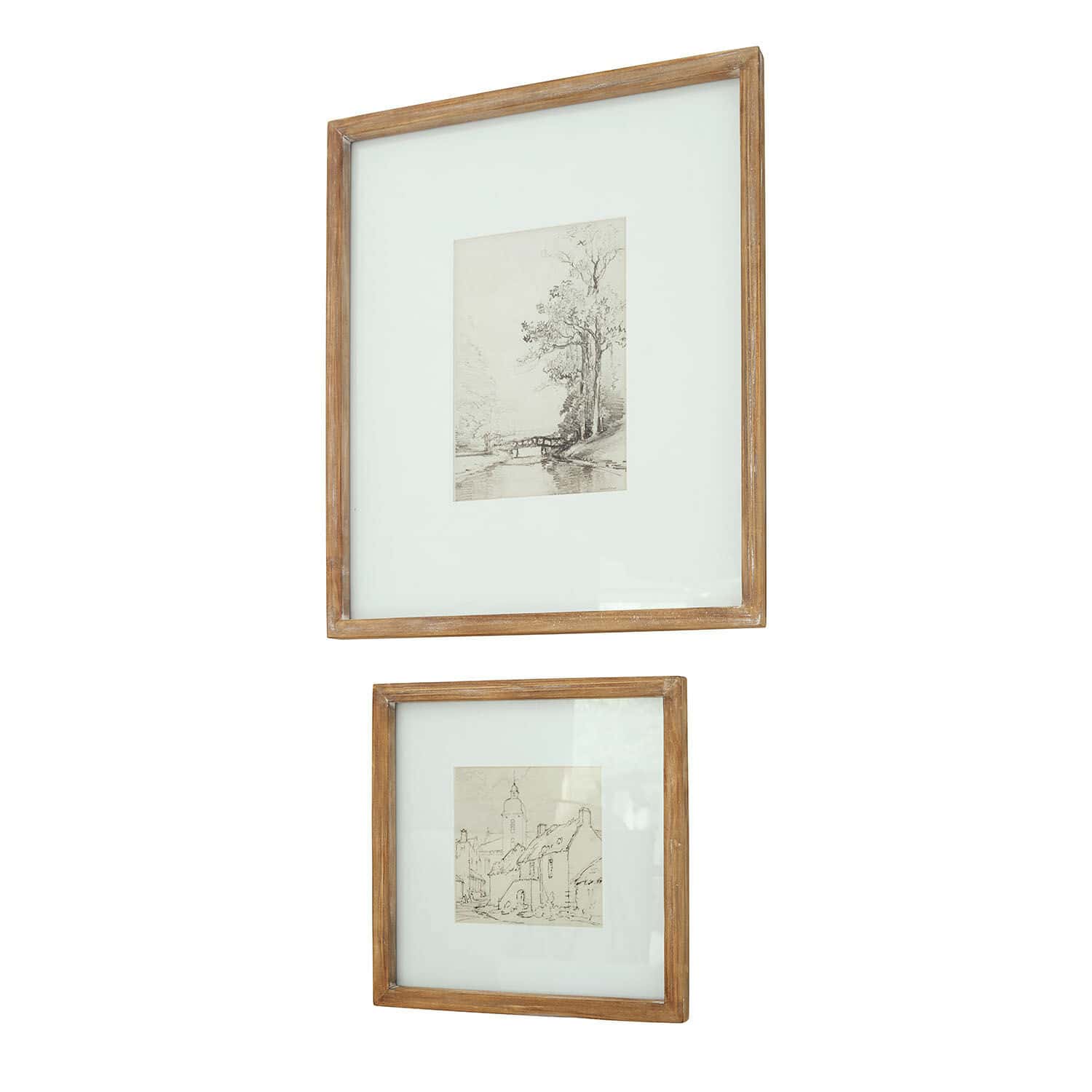 Set de 2 cuadros Juvarel Dos marcos de madera con paspartú blanco y bocetos vintage de paisajes para decoración de pared