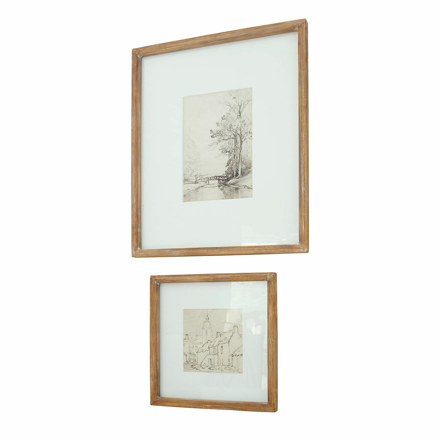 Set de 2 cuadros Juvarel Dos marcos de madera con paspartú blanco y bocetos vintage de paisajes para decoración de pared