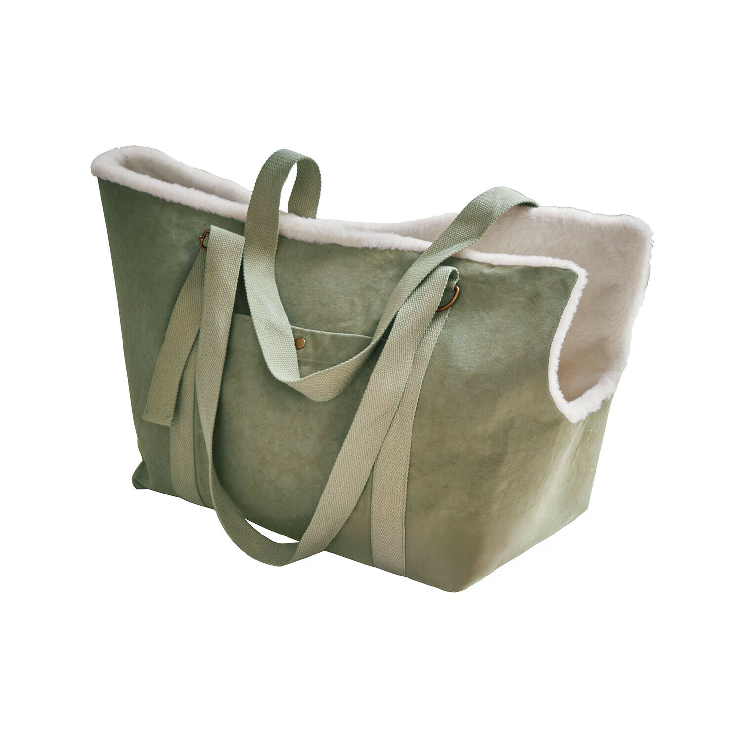 Bolso para mascotas Lunapet Bolsa verde de material suave con forro de piel blanca y asas largas para el hombro