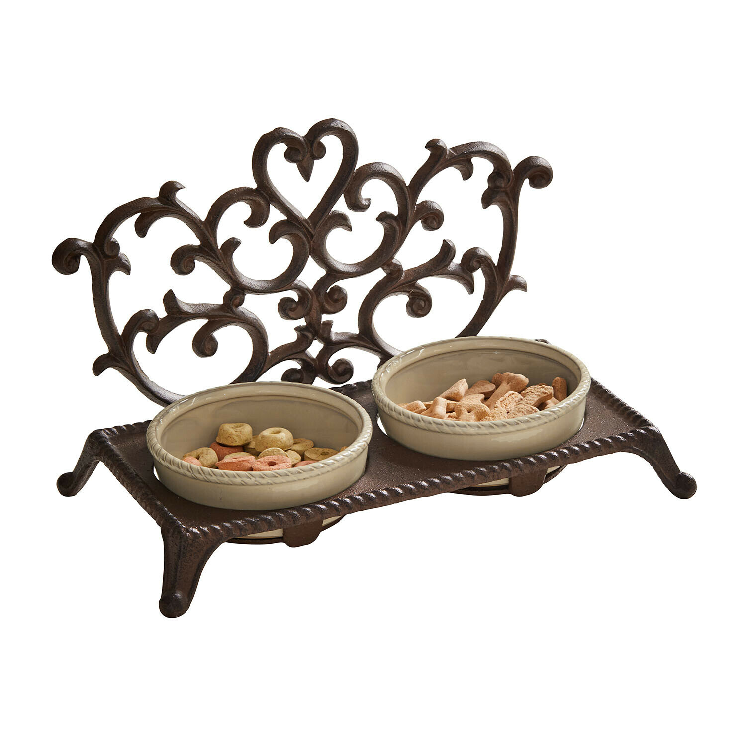 Doble cuenco de cerámica sobre soporte metálico marrón decorativo para alimentar mascotas