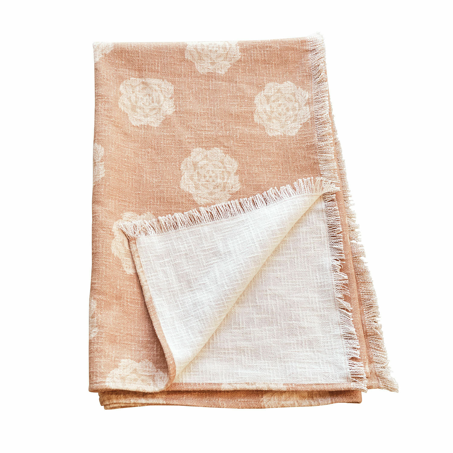 Plaid Belvienne Mantel de lino beige con diseño floral blanco y flecos, decoración elegante para mesa