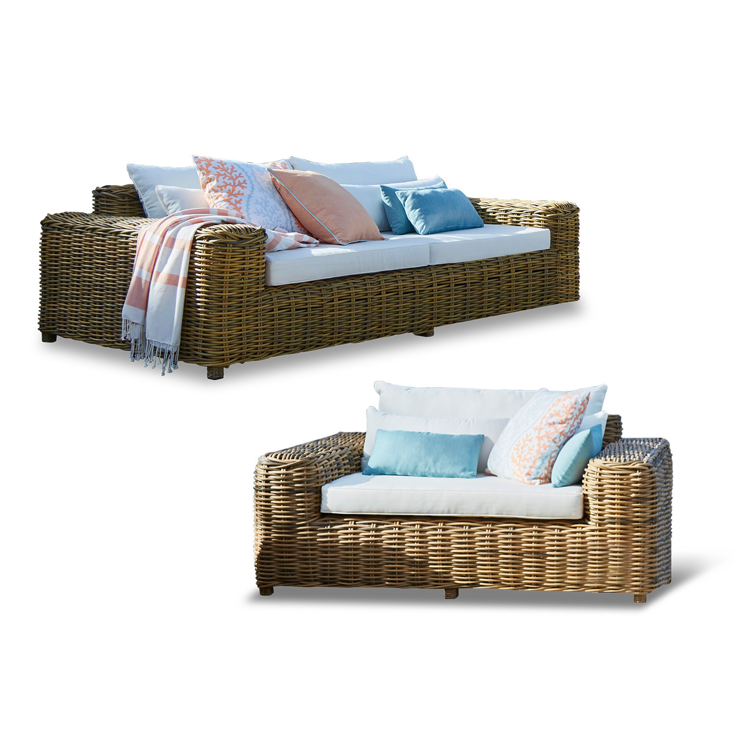 Grupo de asientos Camas Conjunto de muebles de jardín de ratán natural con cojines blancos y fundas de colores
