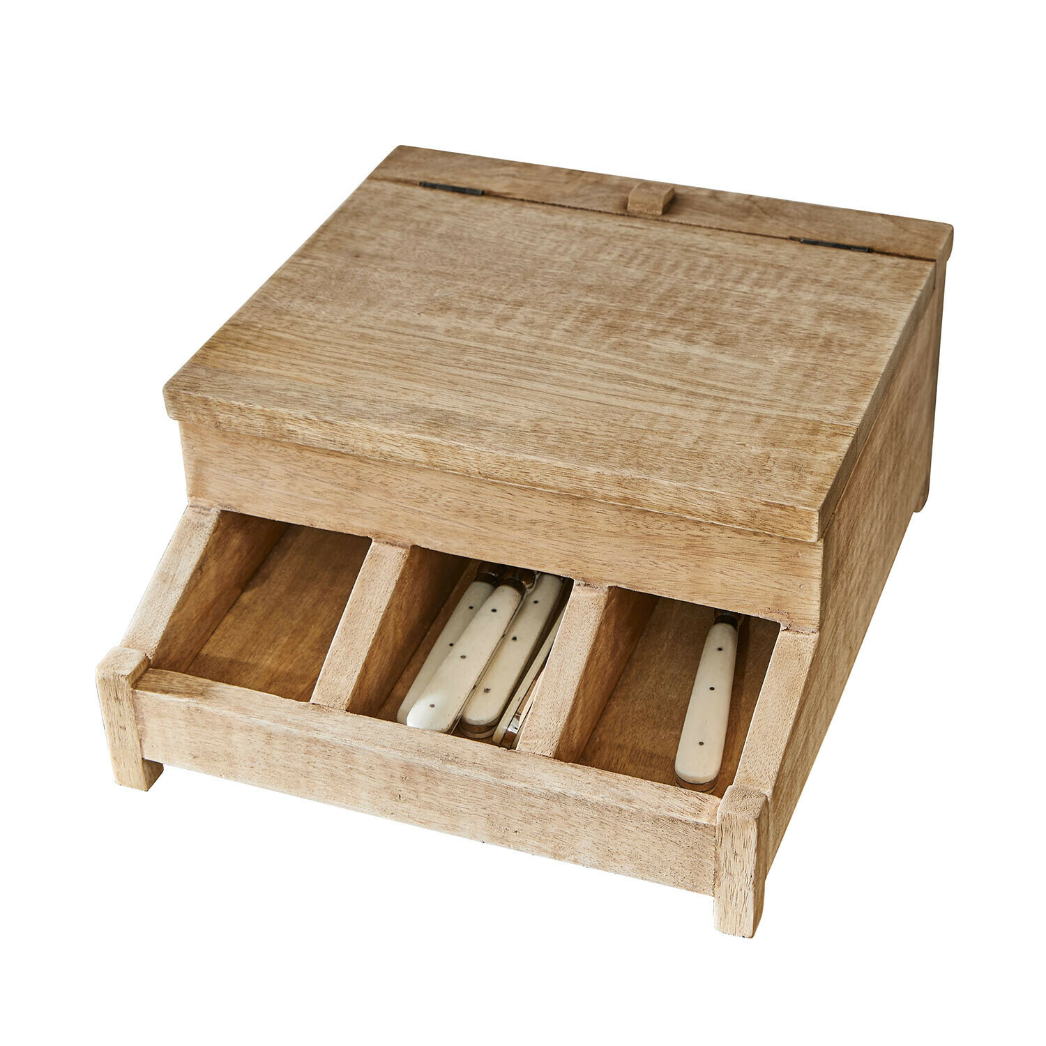 Organizador Maruva Caja de madera natural con tres compartimentos y cuchillos con mangos blancos, almacenamiento funcional