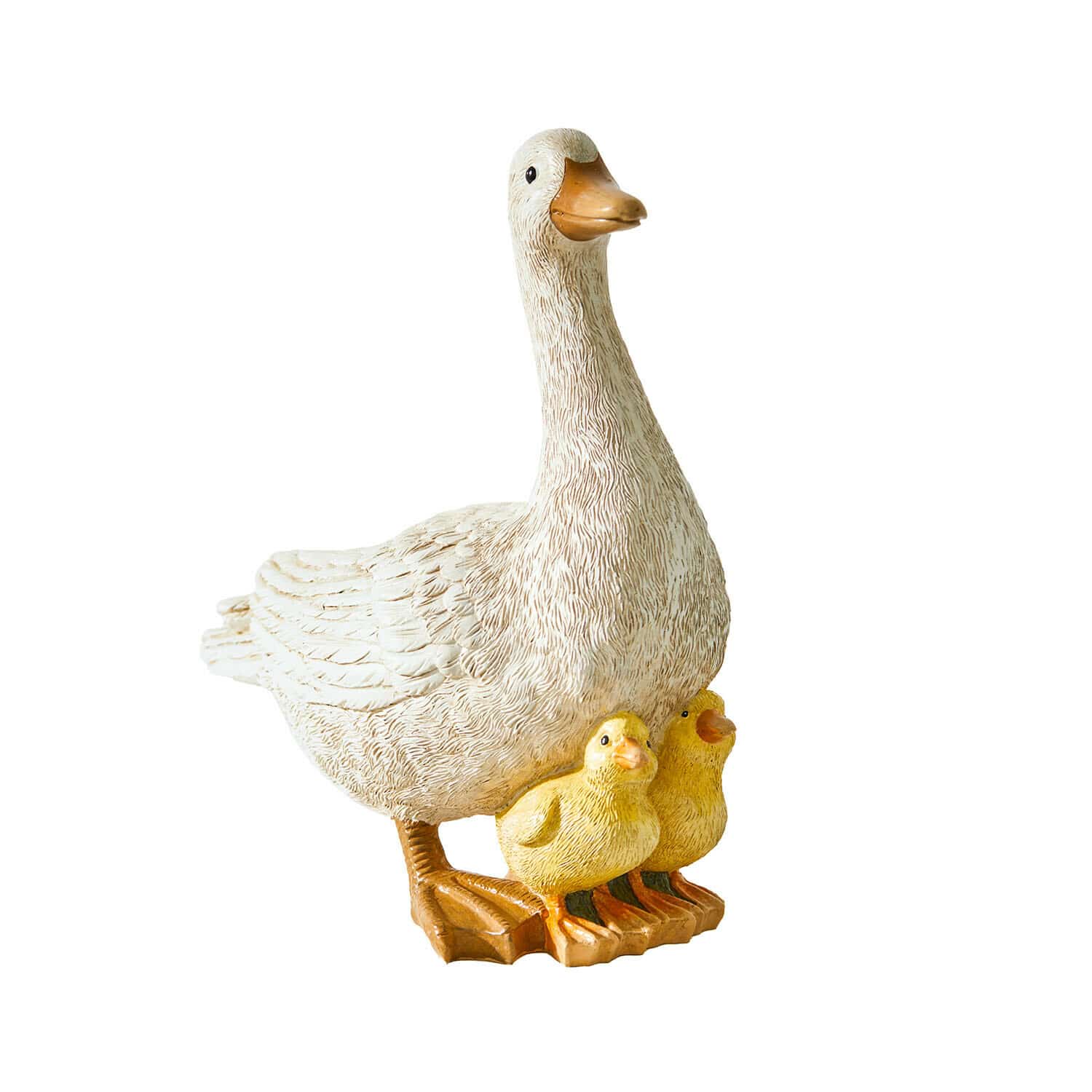 Ganso decorativo Sunnyo Figura decorativa de pato blanco con dos patitos amarillos, hecha de resina para jardín