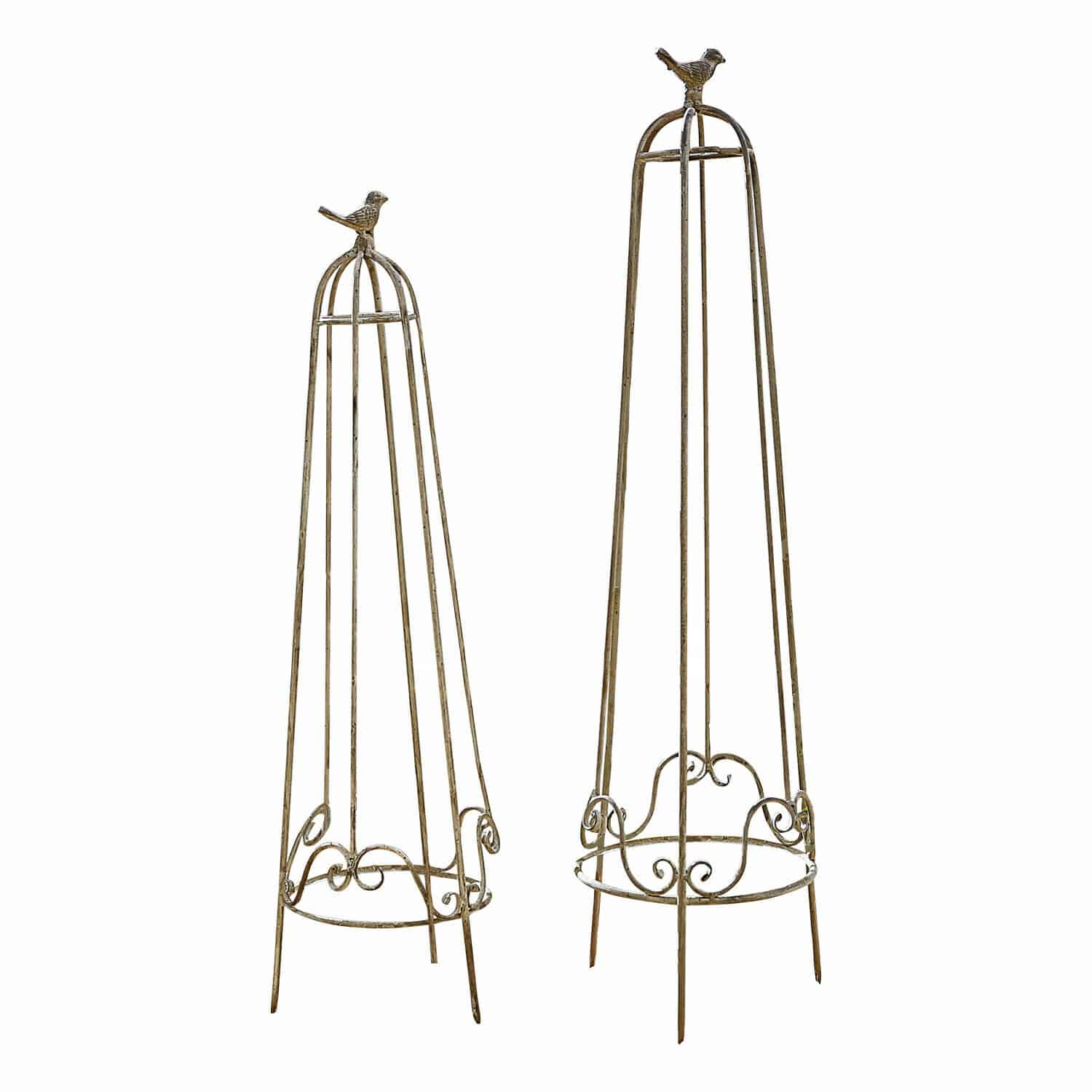 Set de 2 enrejados Orianne Estructura decorativa de jardín de metal con pájaro en la cima en color dorado envejecido