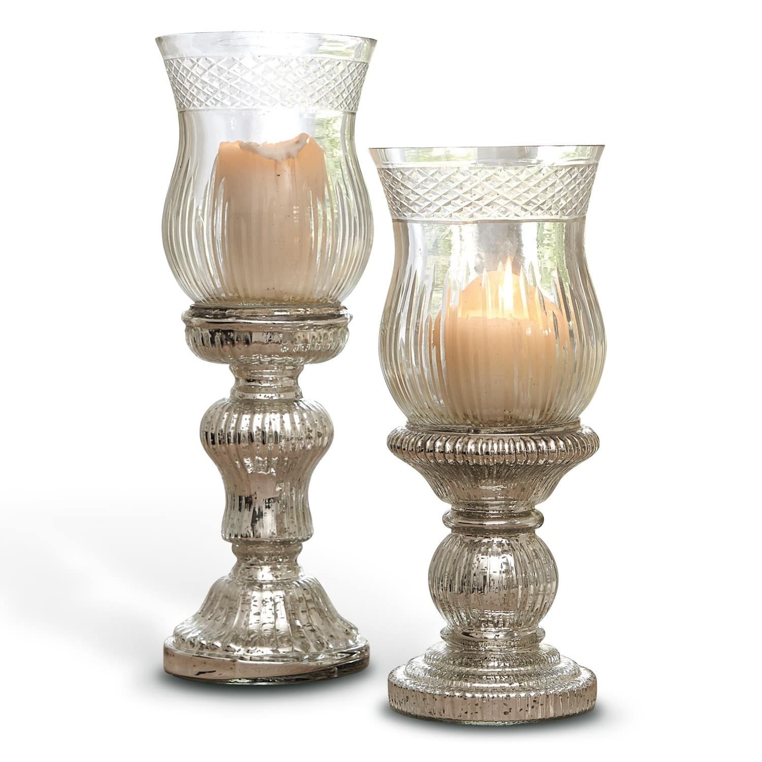 Set de 2 candeleros Luisant Conjunto de dos portavelas de vidrio con velas beige, decoración luminosa para interiores