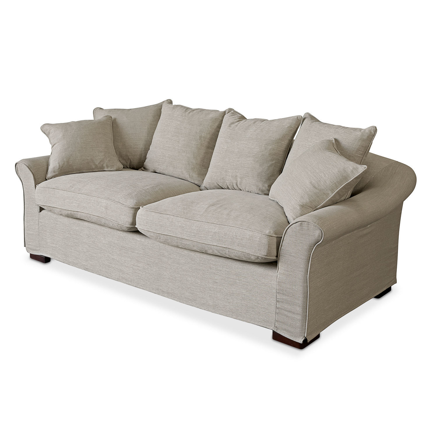 Sofá Long Beach Sofá beige tapizado con cojines suaves y patas de madera, mueble cómodo para salón