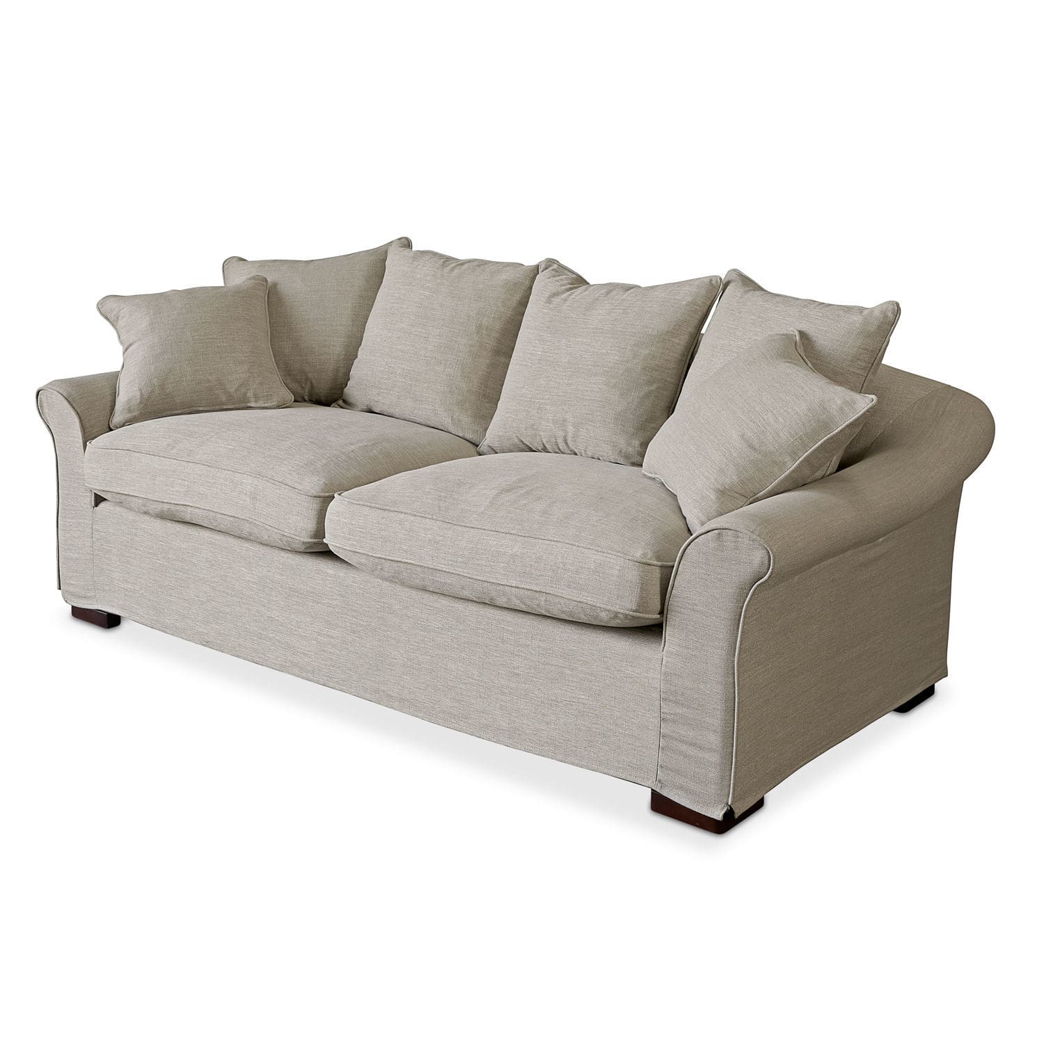 Sofá Long Beach Sofá beige tapizado con cojines suaves y patas de madera, mueble cómodo para salón
