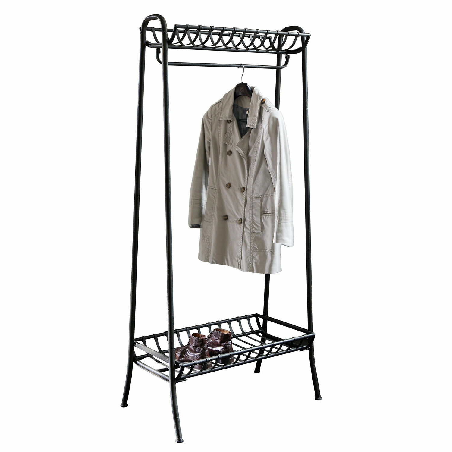 Perchero Downey Perchero de metal negro con estante para zapatos y abrigo beige, mueble práctico para el recibidor